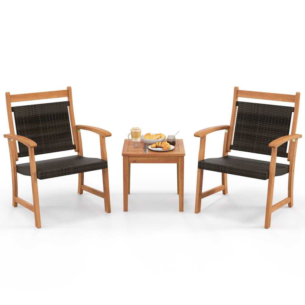 Ensemble de bistrot 3 pièces en rotin avec cadre en bois d'acacia pour le jardin