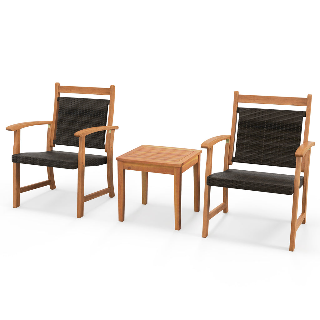Ensemble de bistrot 3 pièces en rotin avec cadre en bois d'acacia pour le jardin