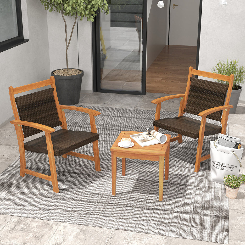 Ensemble de bistrot 3 pièces en rotin avec cadre en bois d'acacia pour le jardin