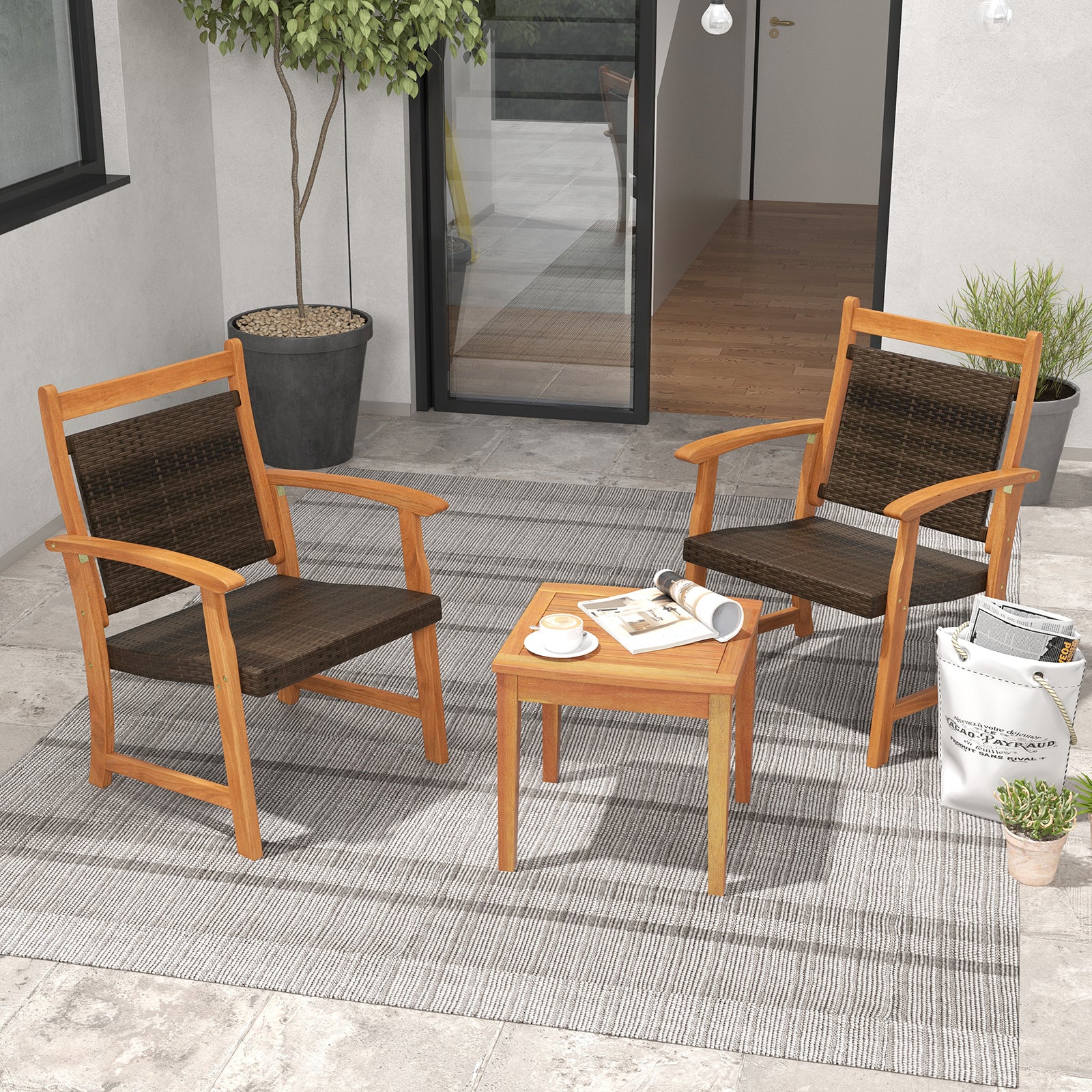 Ensemble de bistrot 3 pièces en rotin avec cadre en bois d'acacia pour le jardin