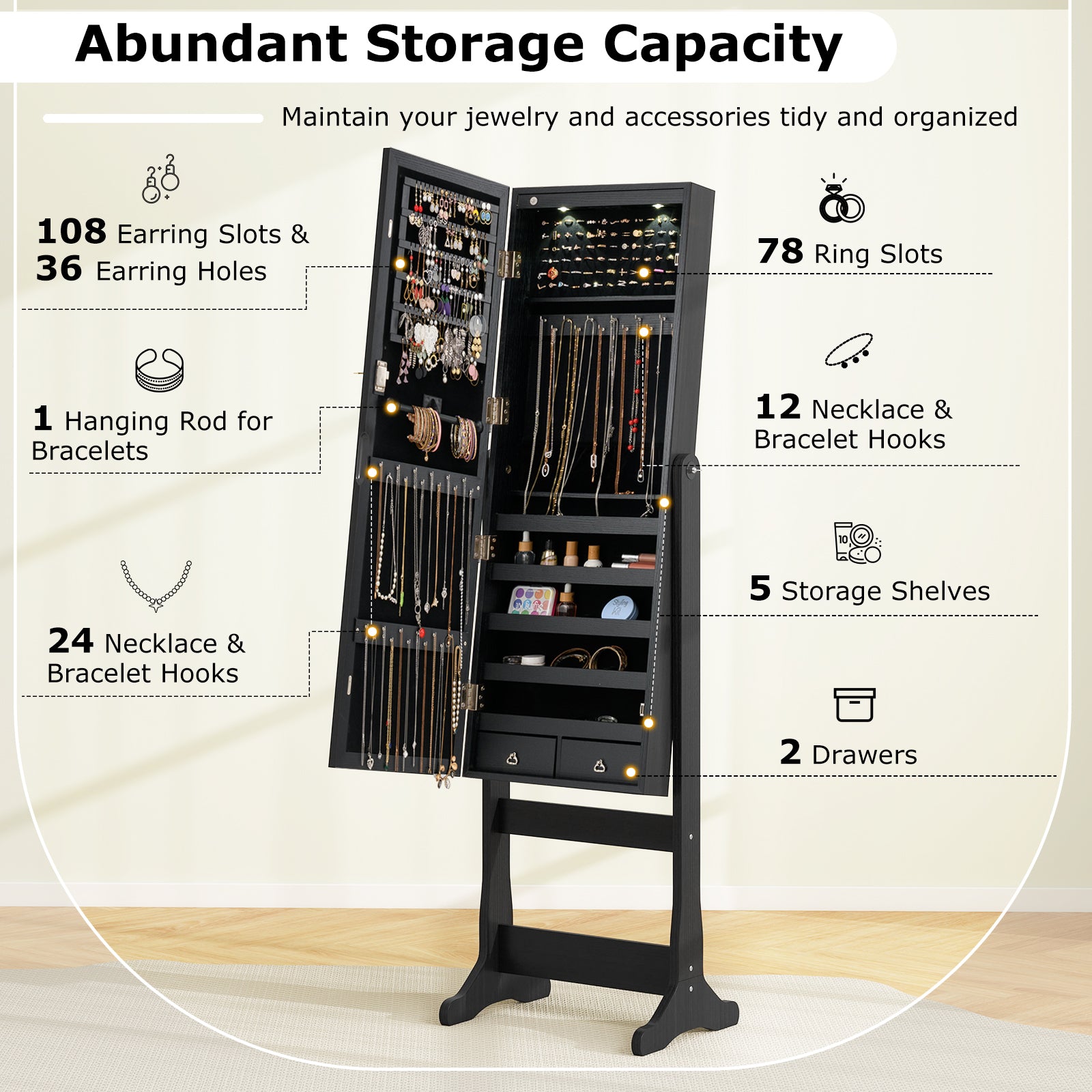 Lockable Freestanding Jewelry Cabinet Armoire with Full-Length Mirror and Lights-Black