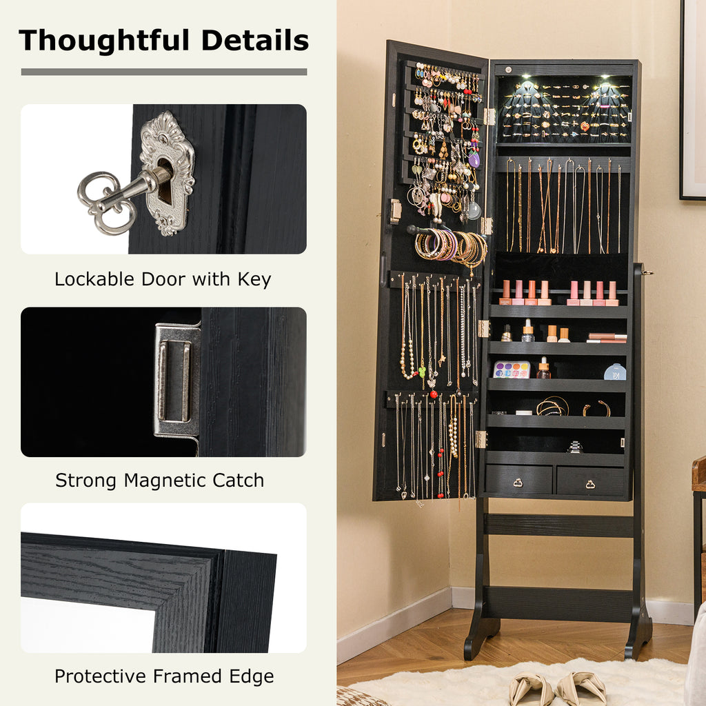 Lockable Freestanding Jewelry Cabinet Armoire with Full-Length Mirror and Lights-Black