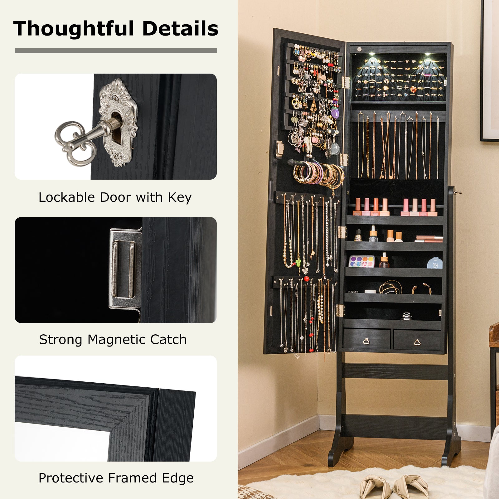 Lockable Freestanding Jewelry Cabinet Armoire with Full-Length Mirror and Lights-Black