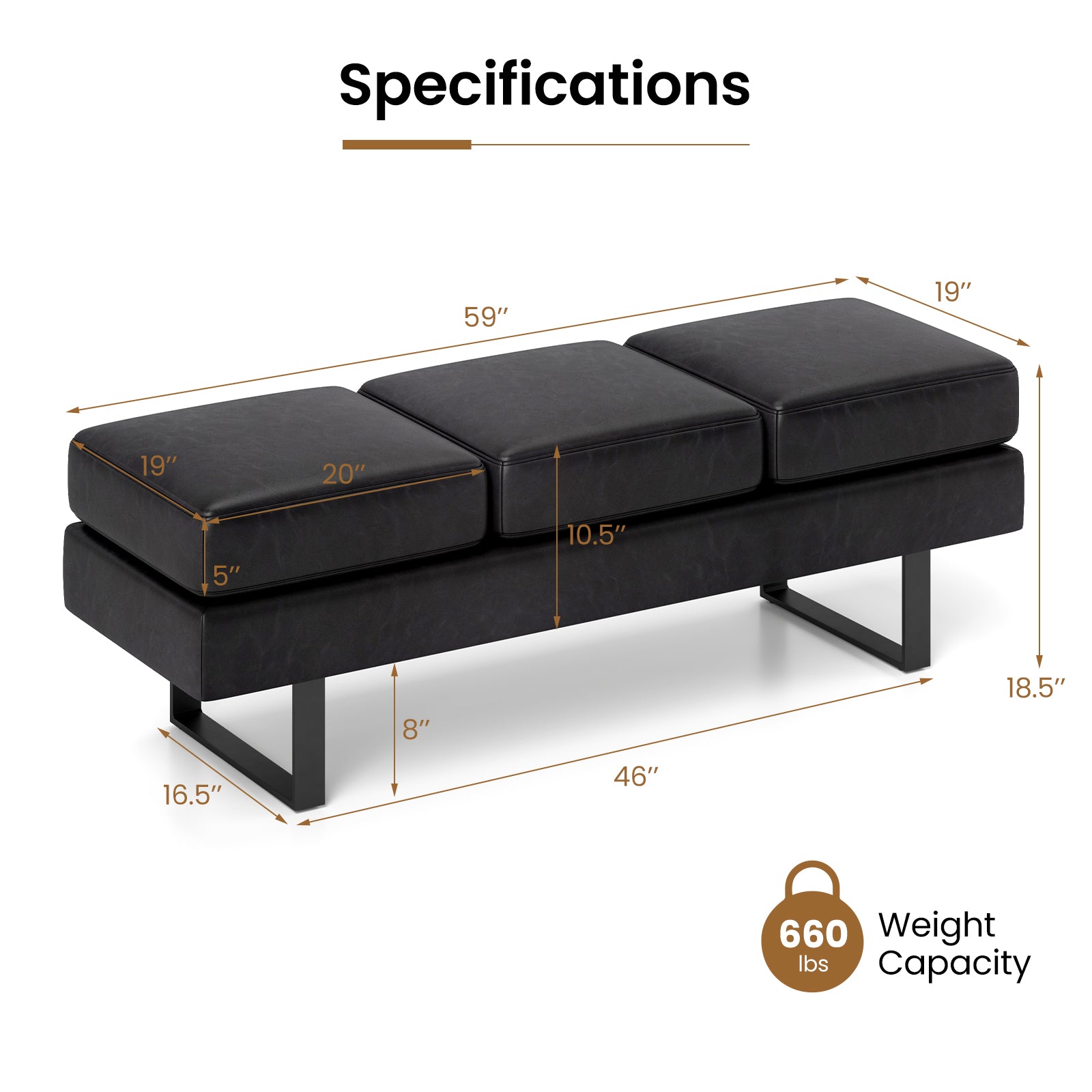 Waiting Room Bench Seating Long Bench with Metal Frame Leg-Black