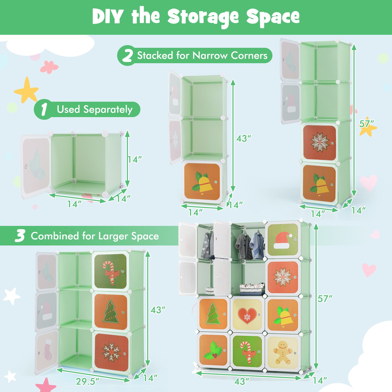 12 Cube Kids Wardrobe Closet with Hanging Section and Doors-Green
