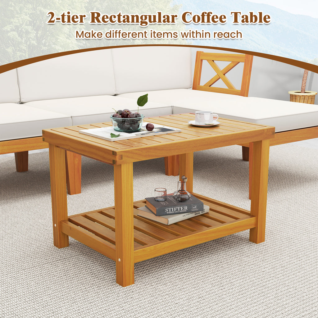 5 Pieces Acacia Wood Patio Furniture Set with 2-Tier Coffee Table and Cushions-White