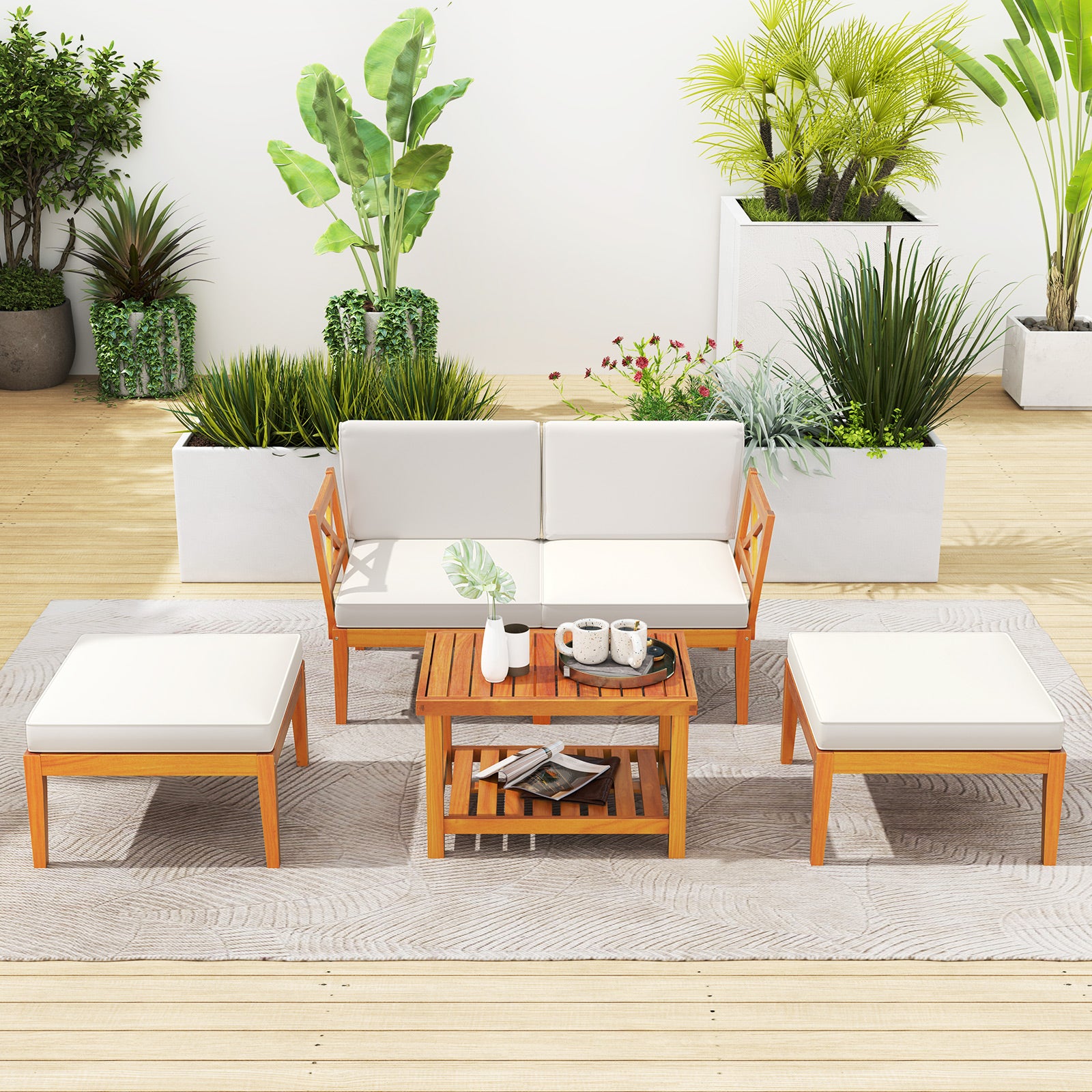 5 Pieces Acacia Wood Patio Chaise Lounge Chair Set with Ottoman and Cushions-White