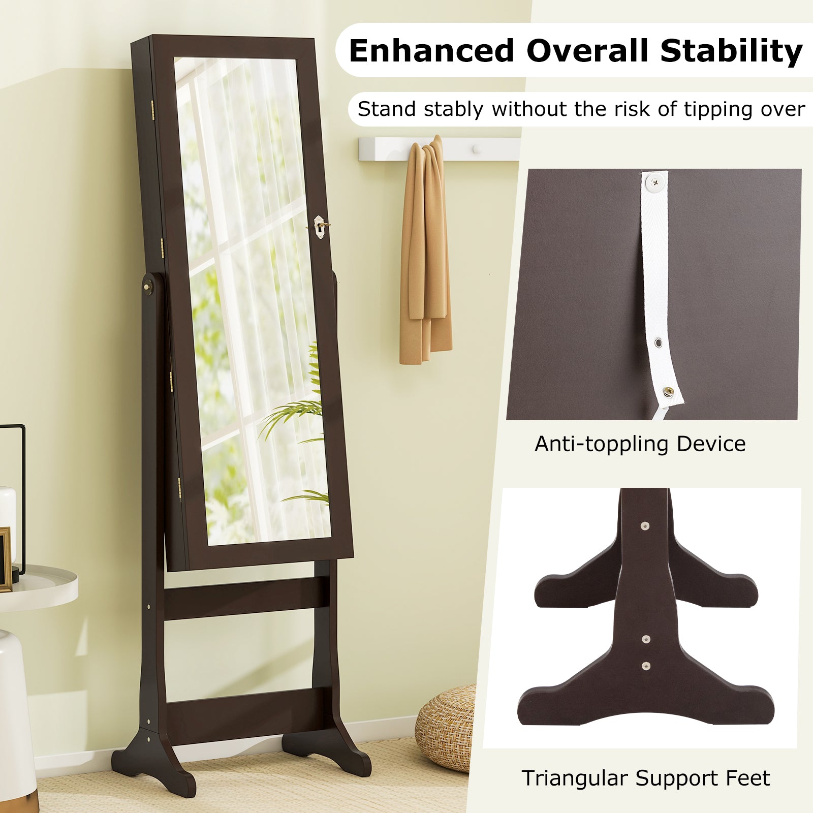 Lockable Mirrored Jewelry Cabinet with Stand and Led Lights-Brown