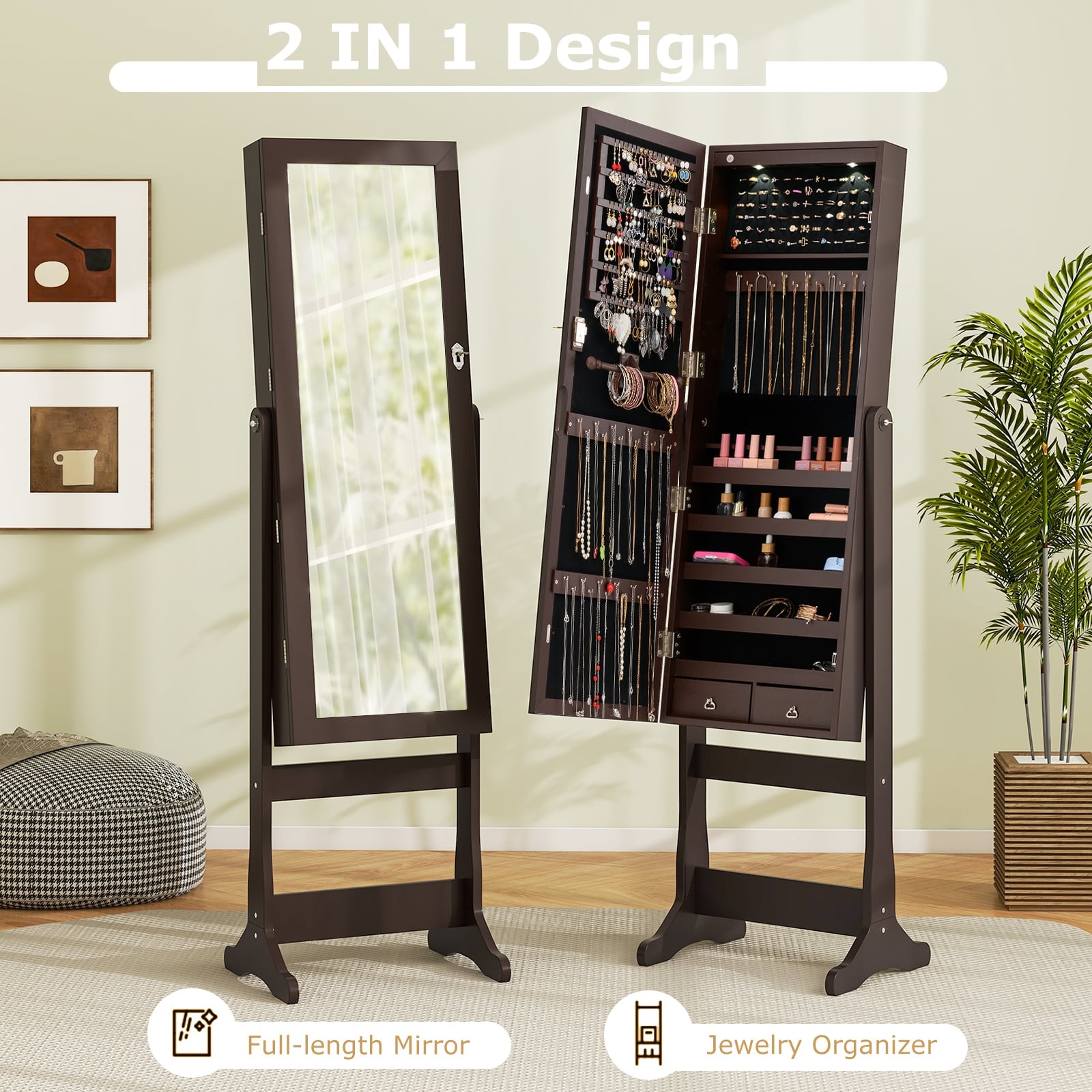 Lockable Mirrored Jewelry Cabinet with Stand and Led Lights-Brown