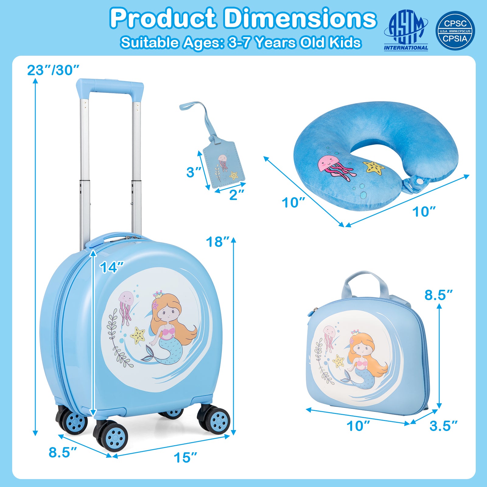 Kids Luggage Set with 14 Inches Carry-on Hardside Spinner Toddler Luggage and 10 Inches Backpack-Blue