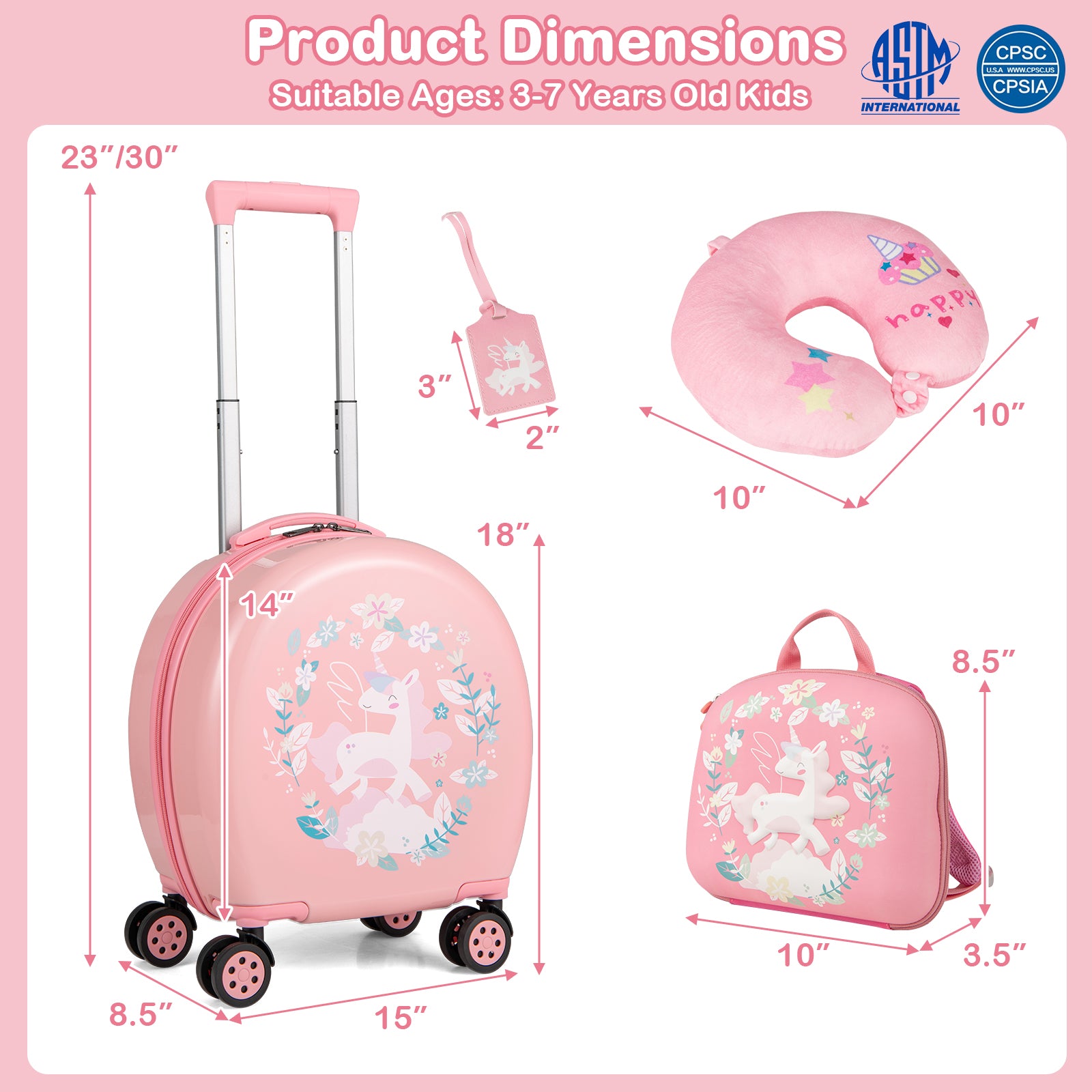 Kids Luggage Set with 14 Inches Carry-on Hardside Spinner Toddler Luggage and 10 Inches Backpack-Pink