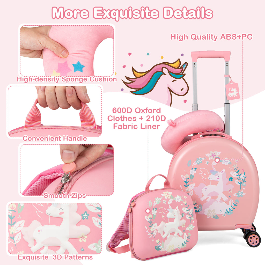 Kids Luggage Set with 14 Inches Carry-on Hardside Spinner Toddler Luggage and 10 Inches Backpack-Pink