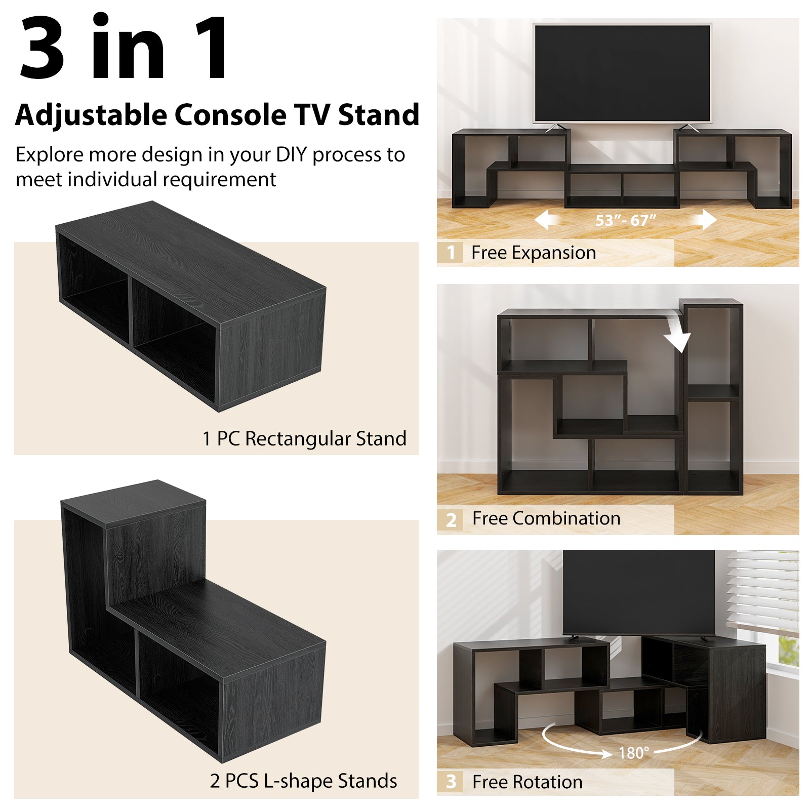 3 Pieces Adjustable TV Stand for TVs up to 65 Inch with Shelves-Mixed Black