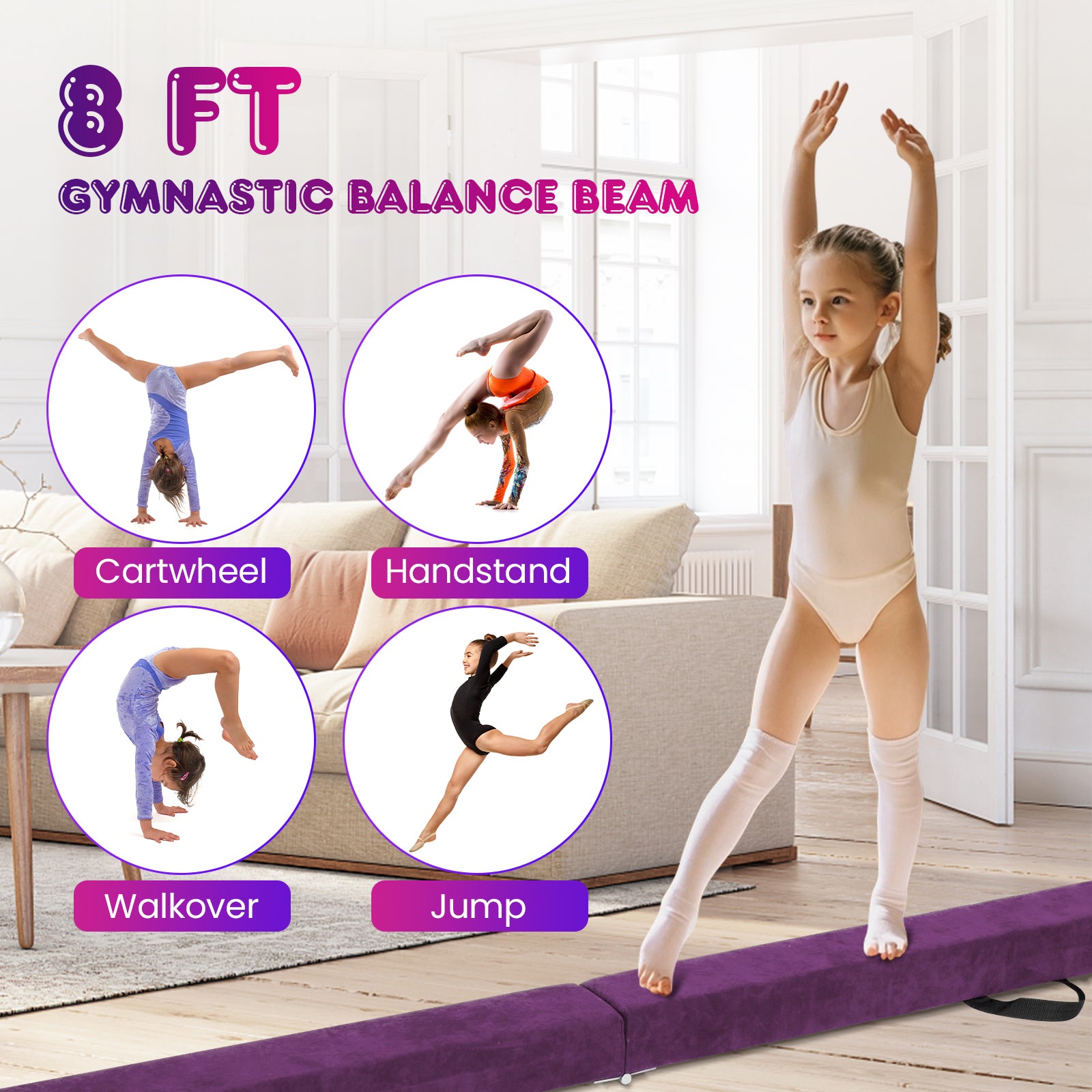 Folding Balance Beam with Solid Wood Base and Anti-slip Bottom-Purple
