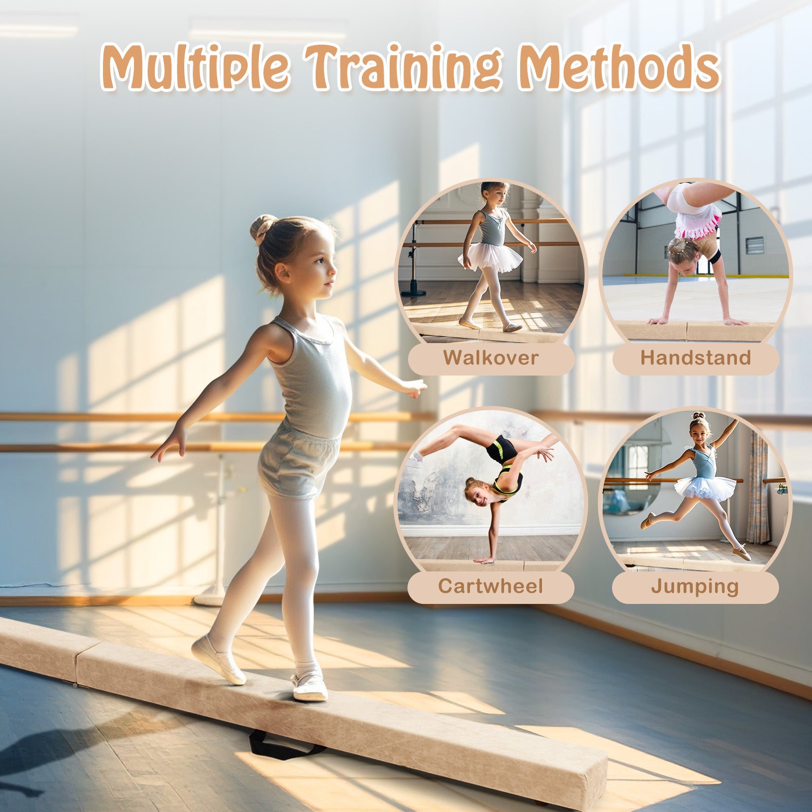 Folding Balance Beam with Solid Wood Base and Anti-slip Bottom-Beige