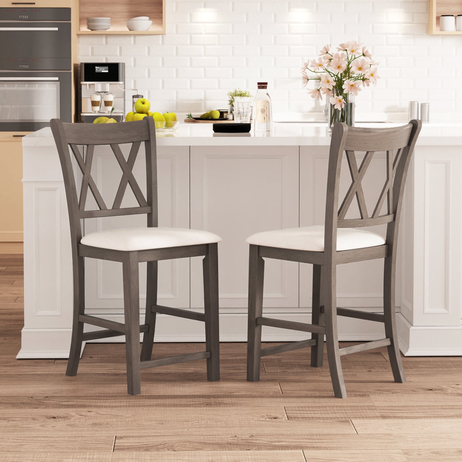 Set of 2 Bar Stools with Cross Back and Linen Fabric Upholstered Seat-Beige