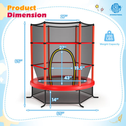 55 Inch Kids Recreational Trampoline Bouncing Jumping Mat with Enclosure Net-Red