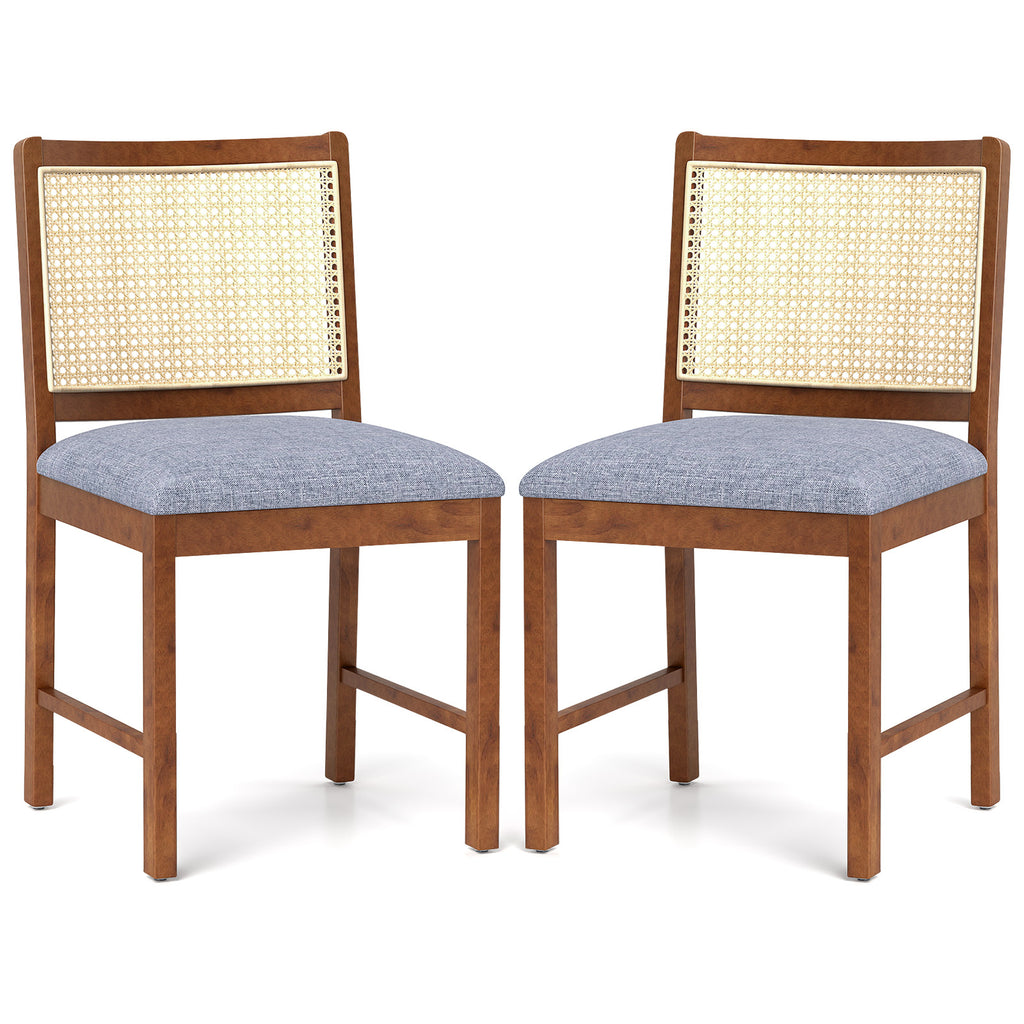 Rattan Dining Chair Set of 2 with Rubber Wood Frame and Linen Fabric Padded Seat-Walnut