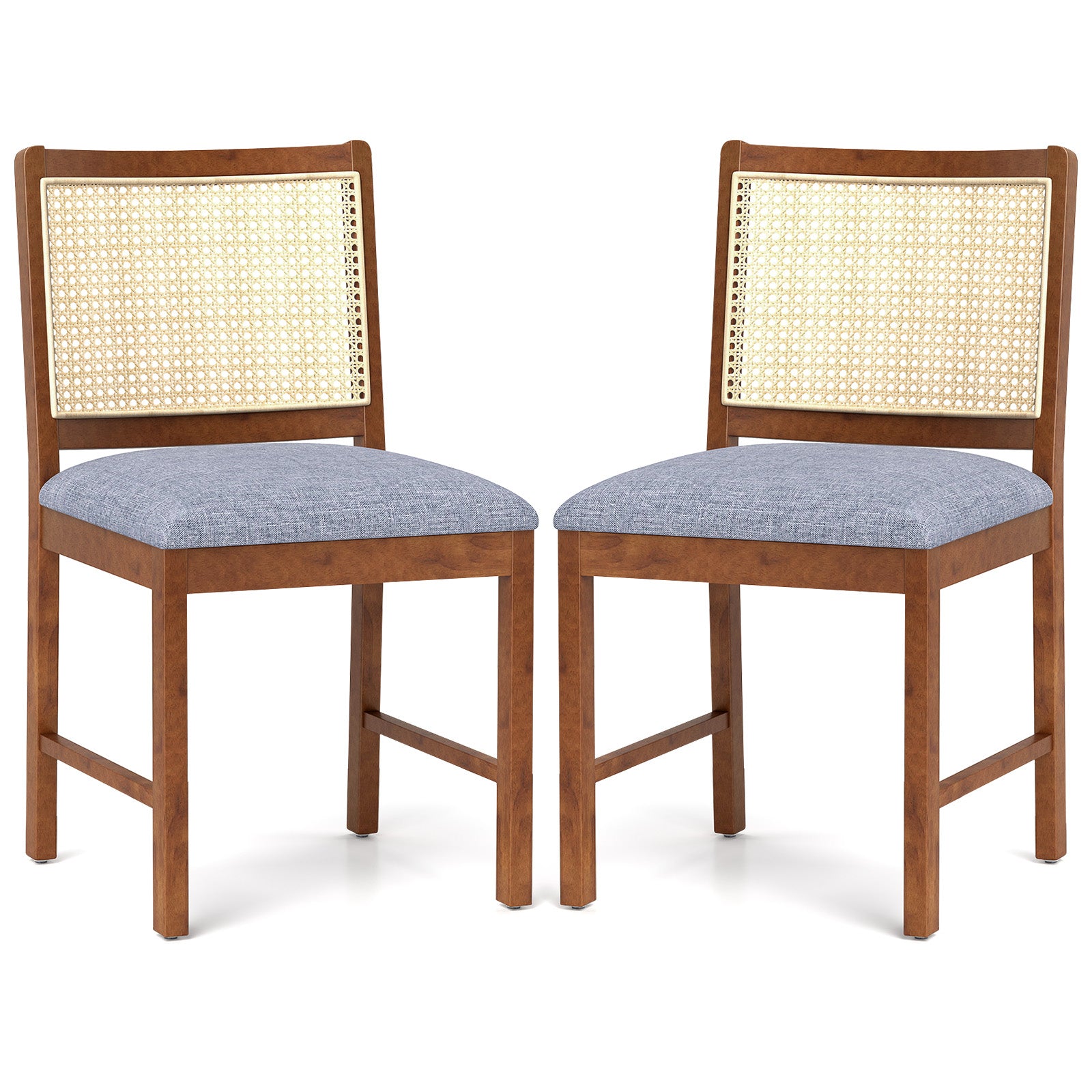 Rattan Dining Chair Set of 2 with Rubber Wood Frame and Linen Fabric Padded Seat-Walnut