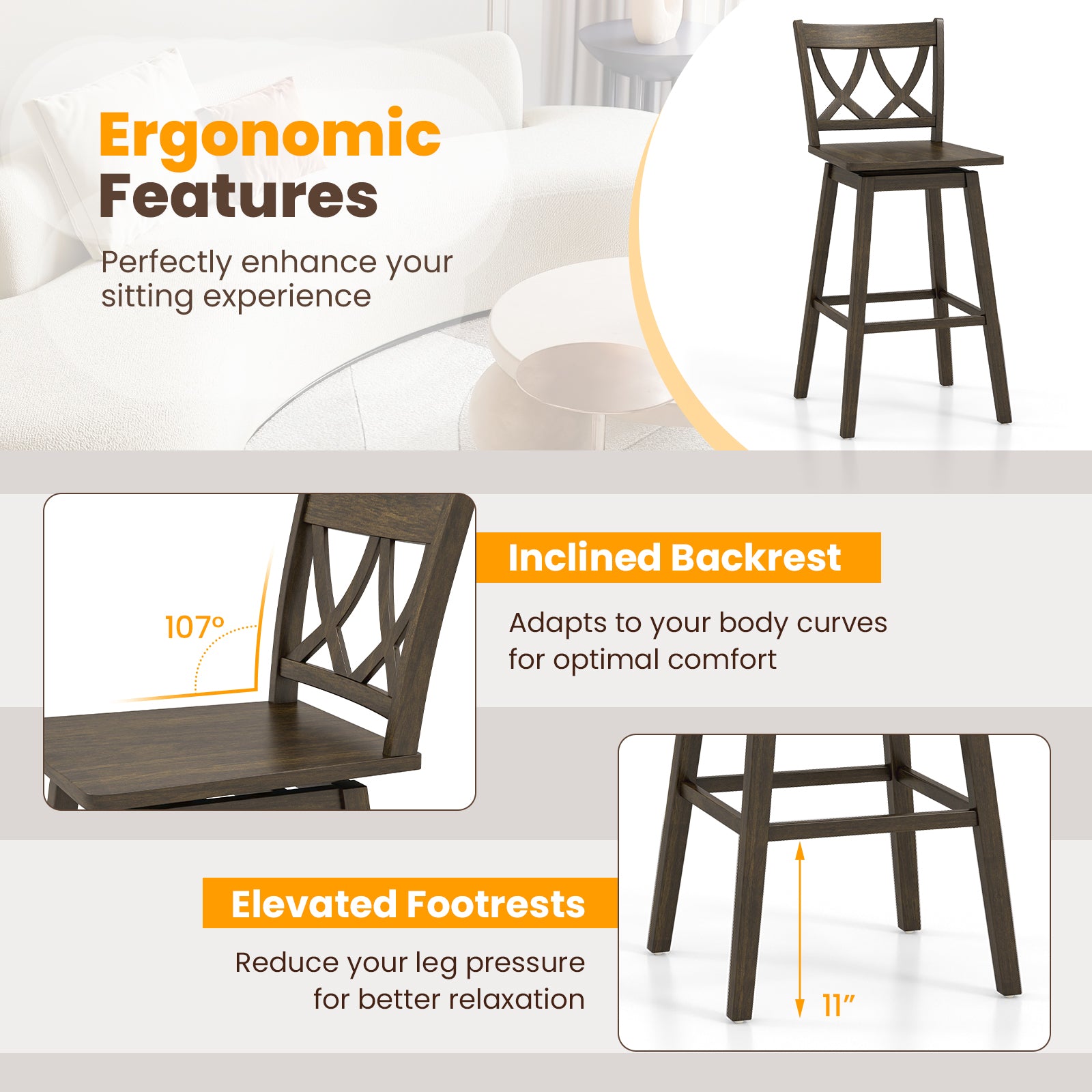 24/29 Inch Bar Stool Set of 2 Wooden Bar Chairs with Rubber Wood Frame-29 inches