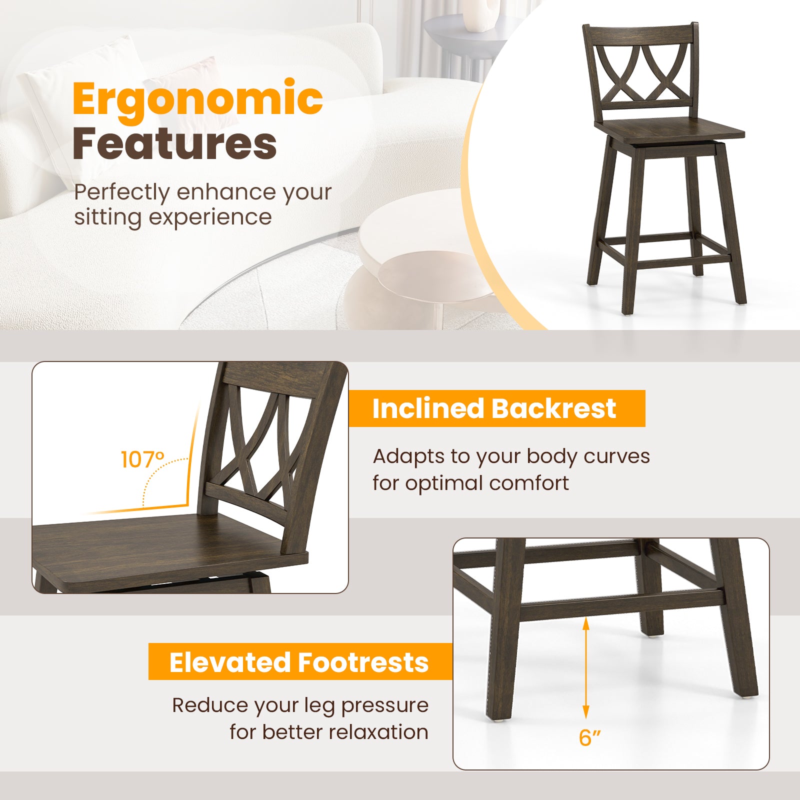 24/29 Inch Bar Stool Set of 2 Wooden Bar Chairs with Rubber Wood Frame-24 inches