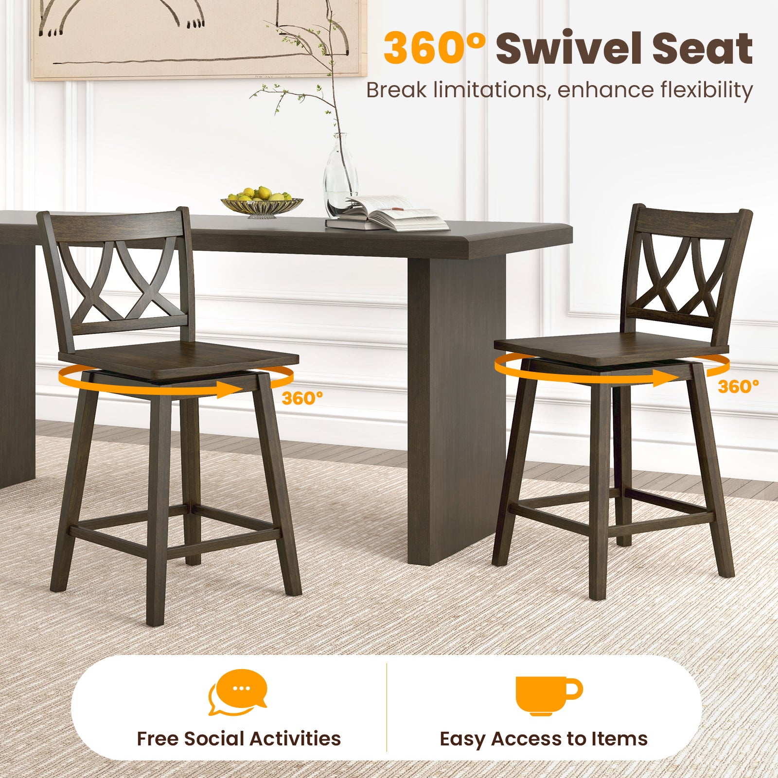 24/29 Inch Bar Stool Set of 2 Wooden Bar Chairs with Rubber Wood Frame-24 inches