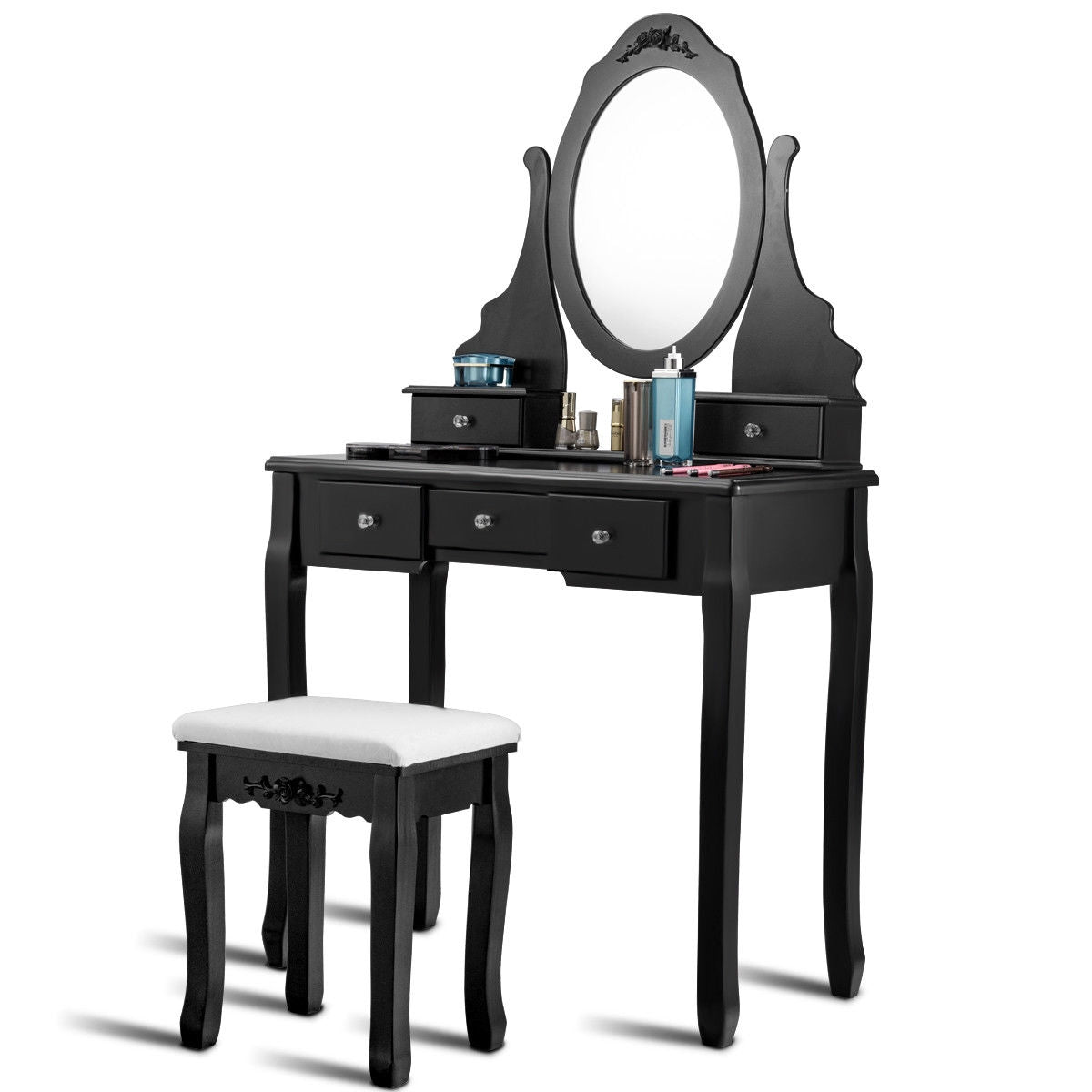Wooden Vanity Set with 360° Rotating Oval Mirror and Cushioned Stool-Black