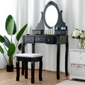 Wooden Vanity Set with 360° Rotating Oval Mirror and Cushioned Stool-Black