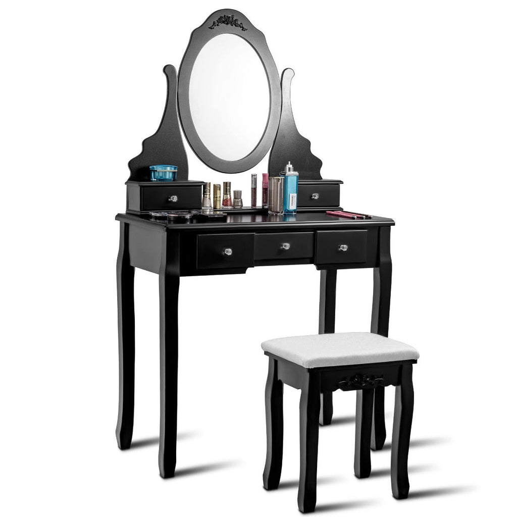 Wooden Vanity Set with 360° Rotating Oval Mirror and Cushioned Stool-Black