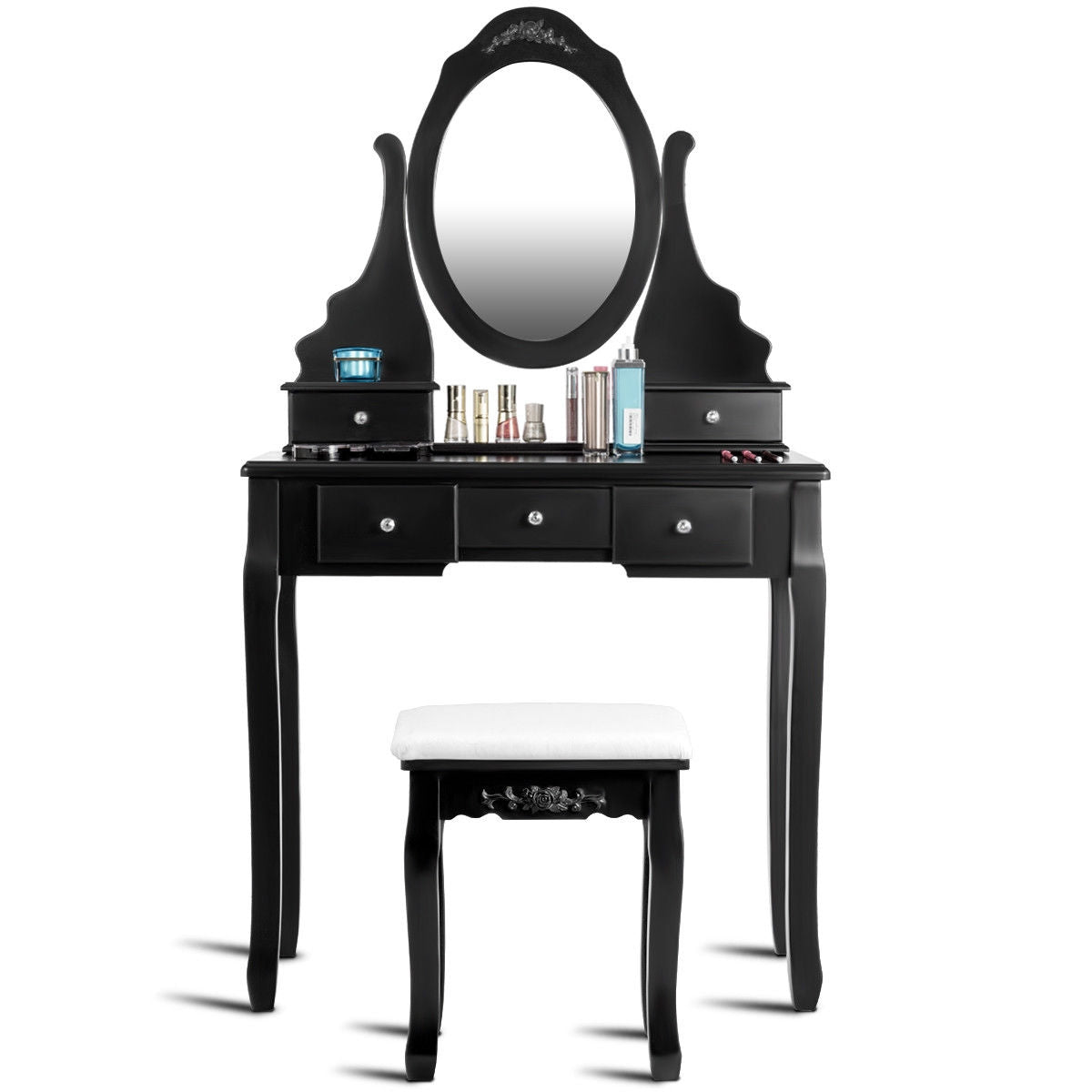 Wooden Vanity Set with 360° Rotating Oval Mirror and Cushioned Stool-Black