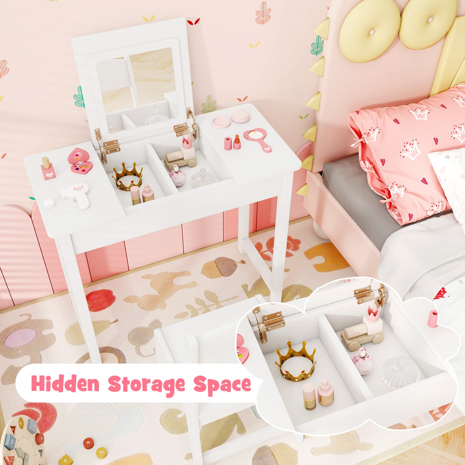 2-in-1 Kids Vanity Makeup Table and Chair Set with Flip Top Mirror-White