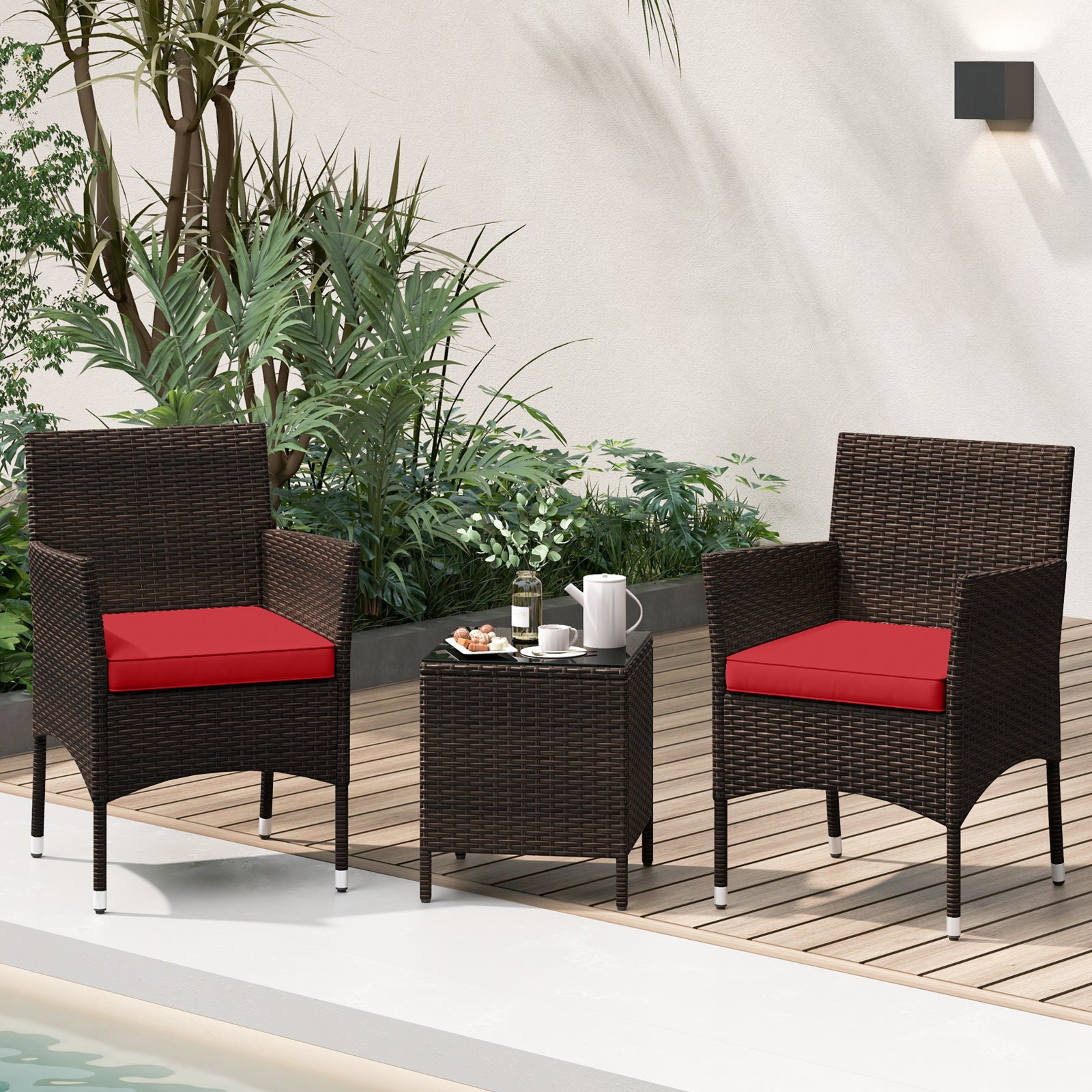Ensemble de conversation d'extérieur 3 pièces avec coussins d'assise et plateau de table en verre - Rouge