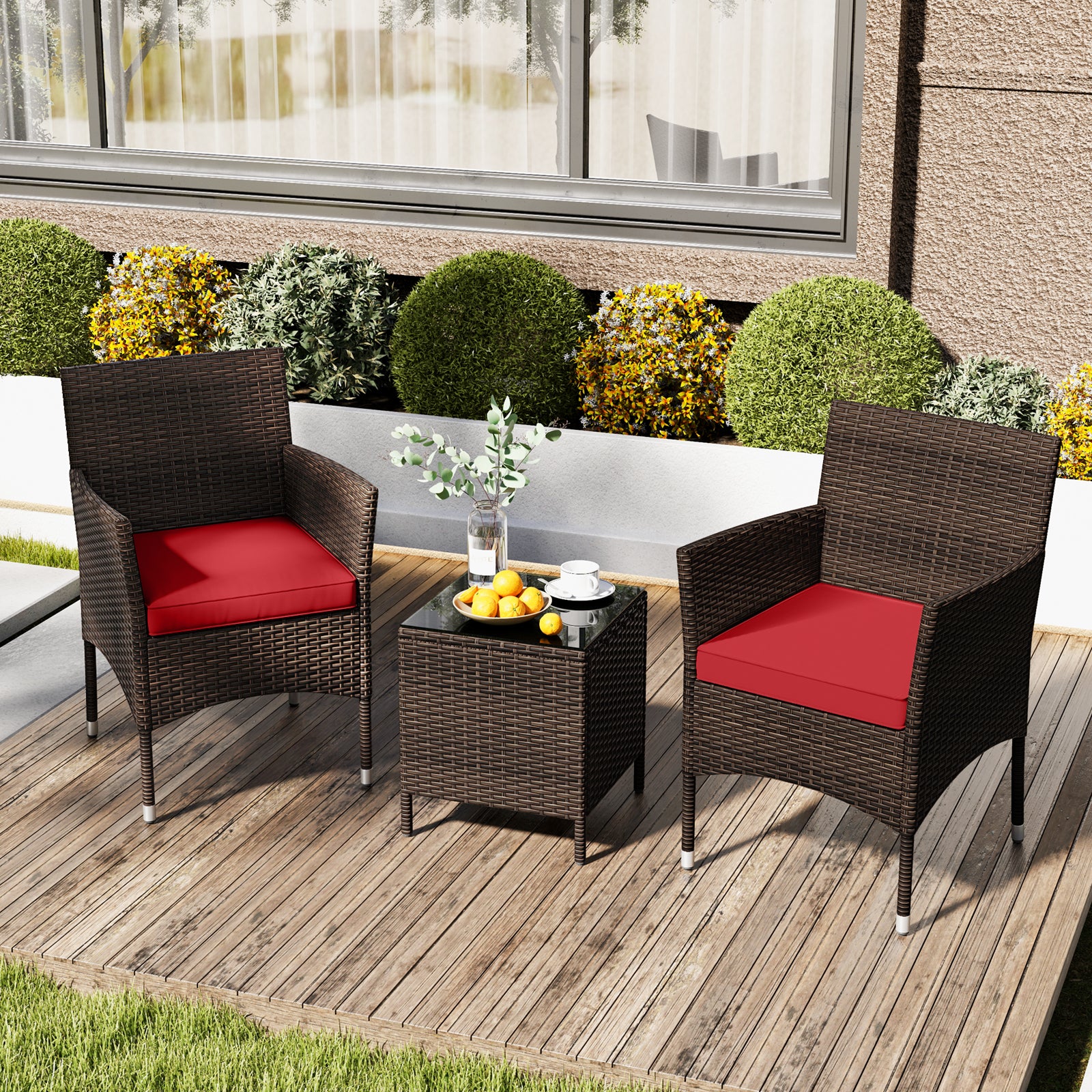 Ensemble de conversation d'extérieur 3 pièces avec coussins d'assise et plateau de table en verre - Rouge