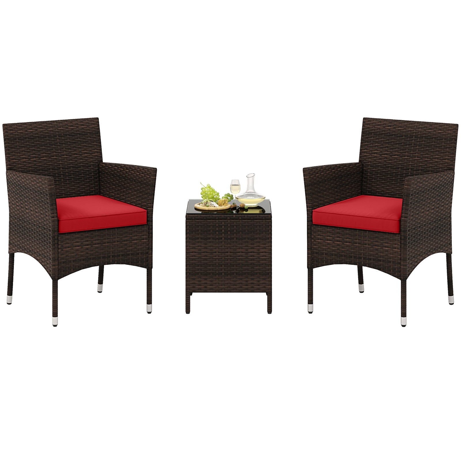 Ensemble de conversation d'extérieur 3 pièces avec coussins d'assise et plateau de table en verre - Rouge