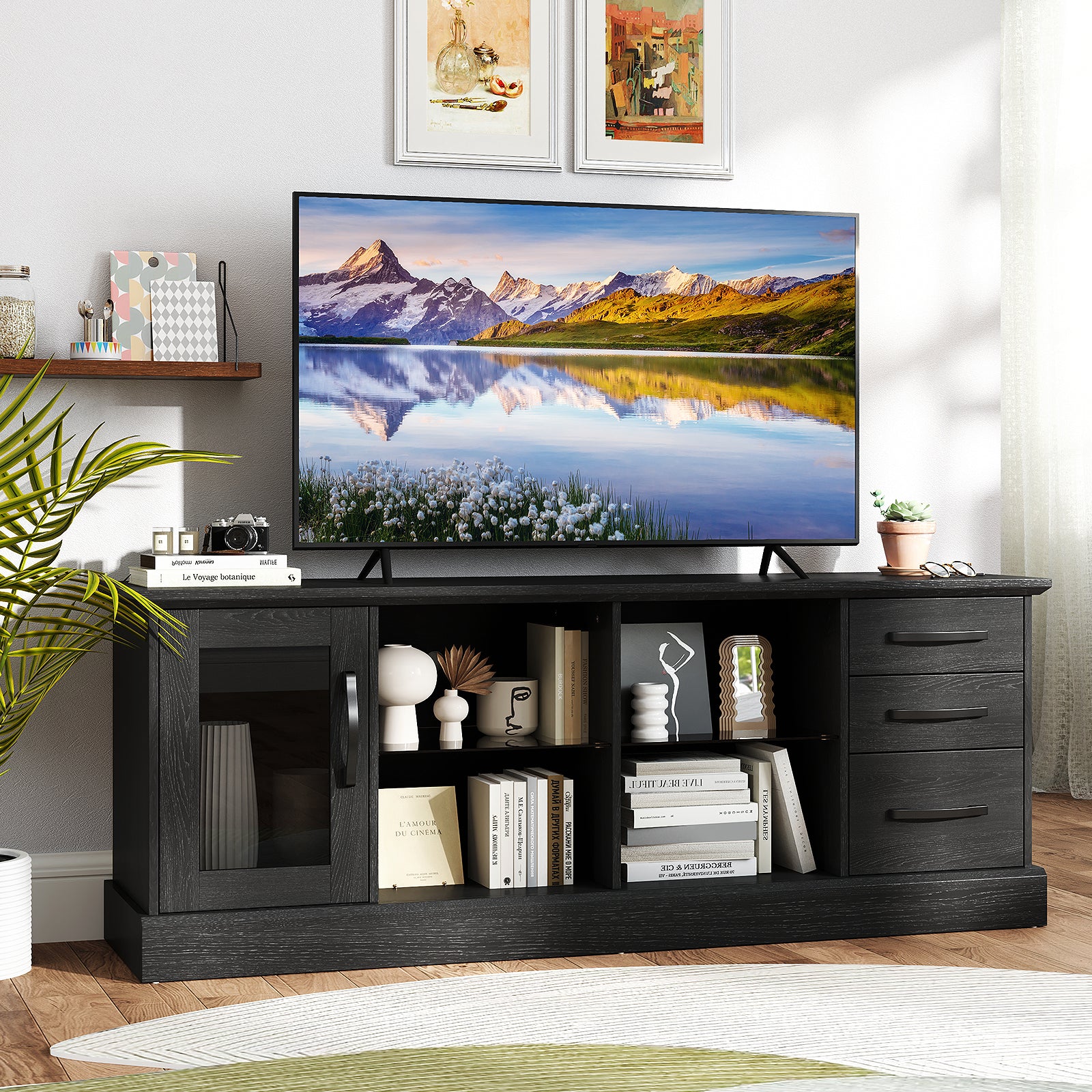 63 Inches Media Console Table with 3 Drawers and 2 Glass Shelves-Black