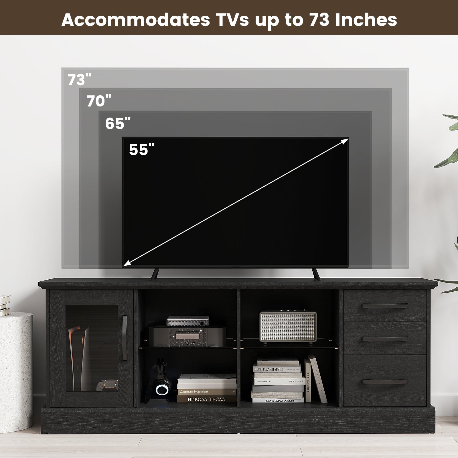63 Inches Media Console Table with 3 Drawers and 2 Glass Shelves-Black