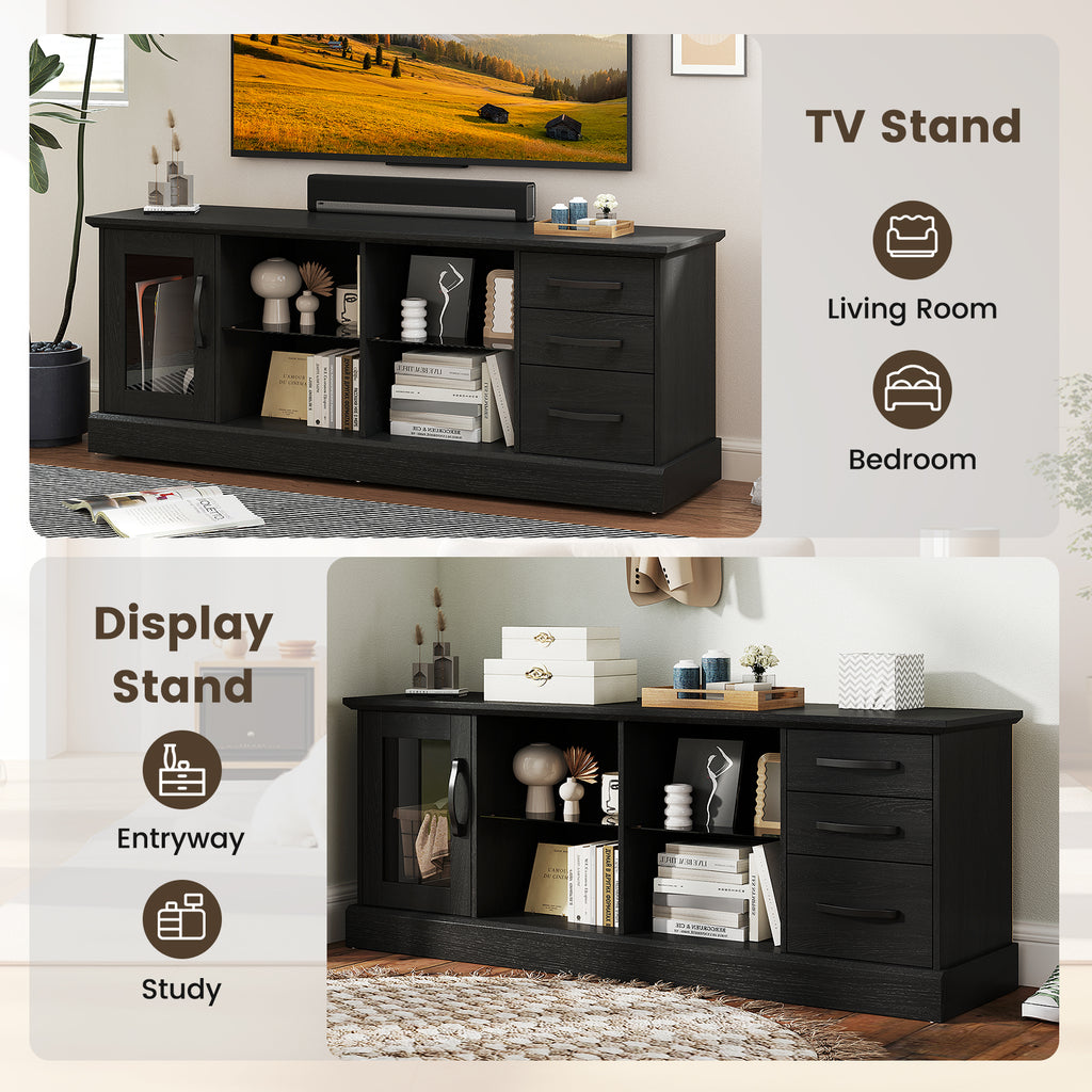 63 Inches Media Console Table with 3 Drawers and 2 Glass Shelves-Black