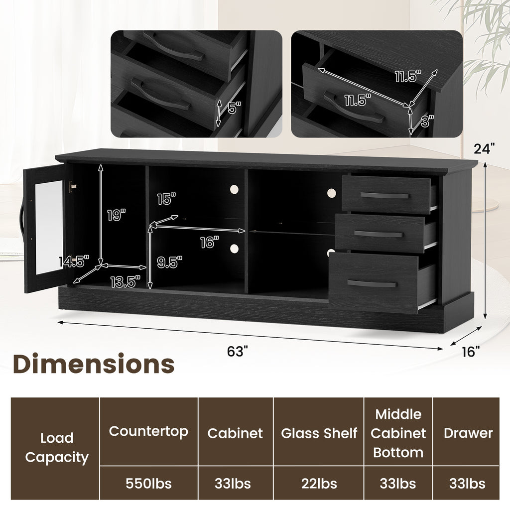 63 Inches Media Console Table with 3 Drawers and 2 Glass Shelves-Black