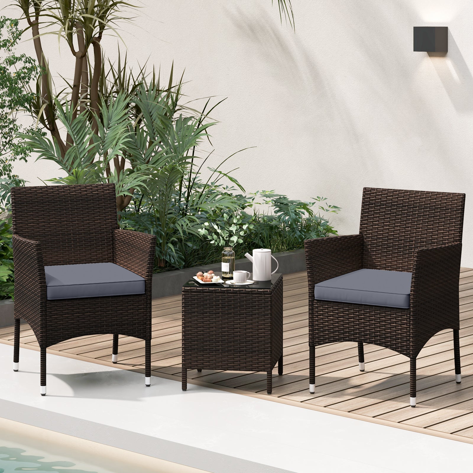 Ensemble de conversation extérieur 3 pièces avec coussins d'assise et plateau de table en verre - Gris
