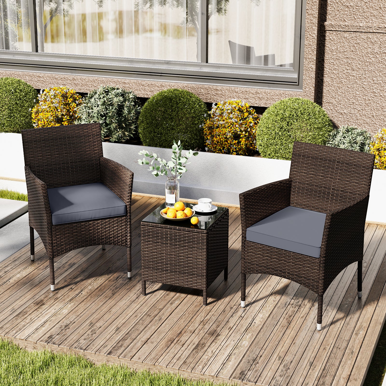 Ensemble de conversation extérieur 3 pièces avec coussins d'assise et plateau de table en verre - Gris