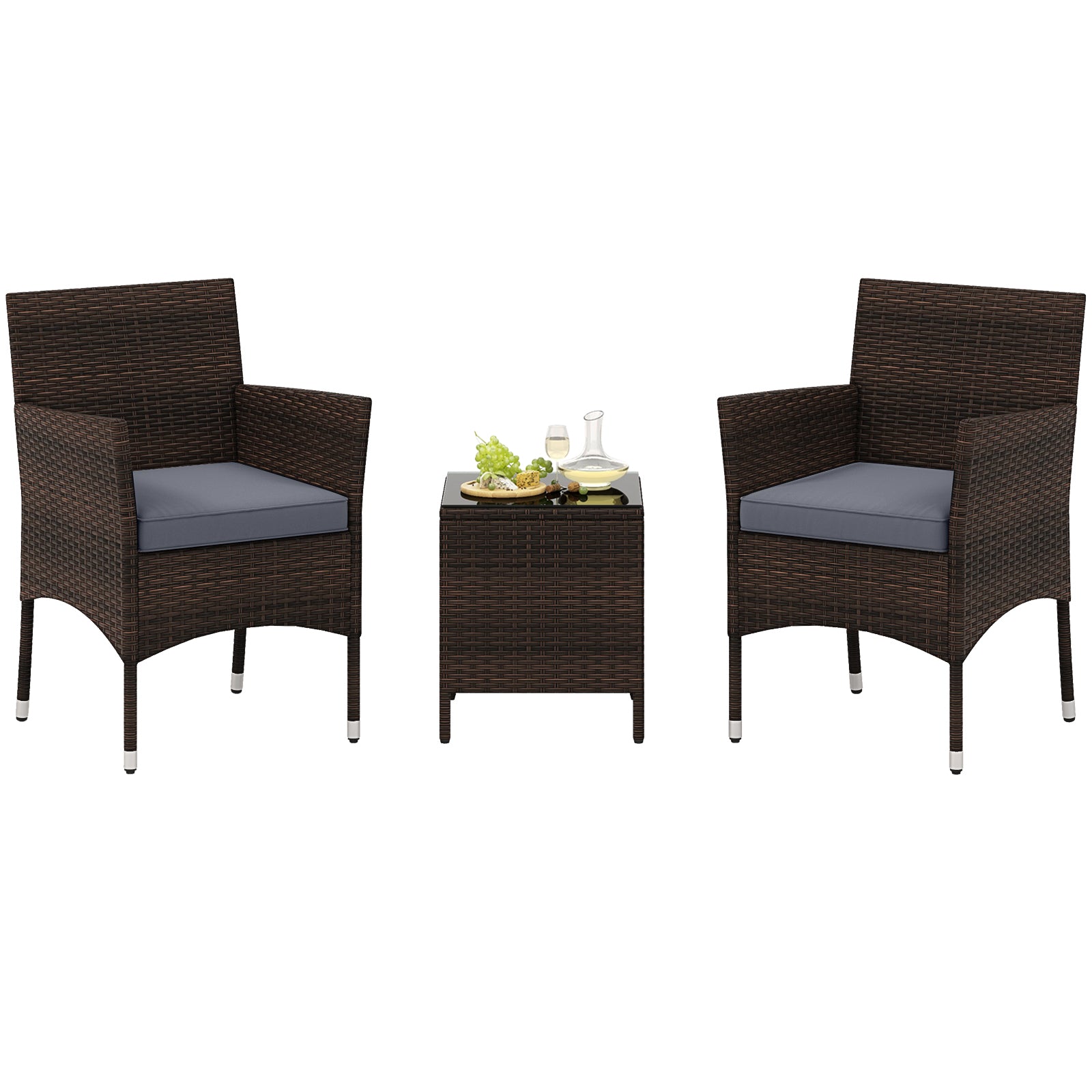 Ensemble de conversation extérieur 3 pièces avec coussins d'assise et plateau de table en verre - Gris