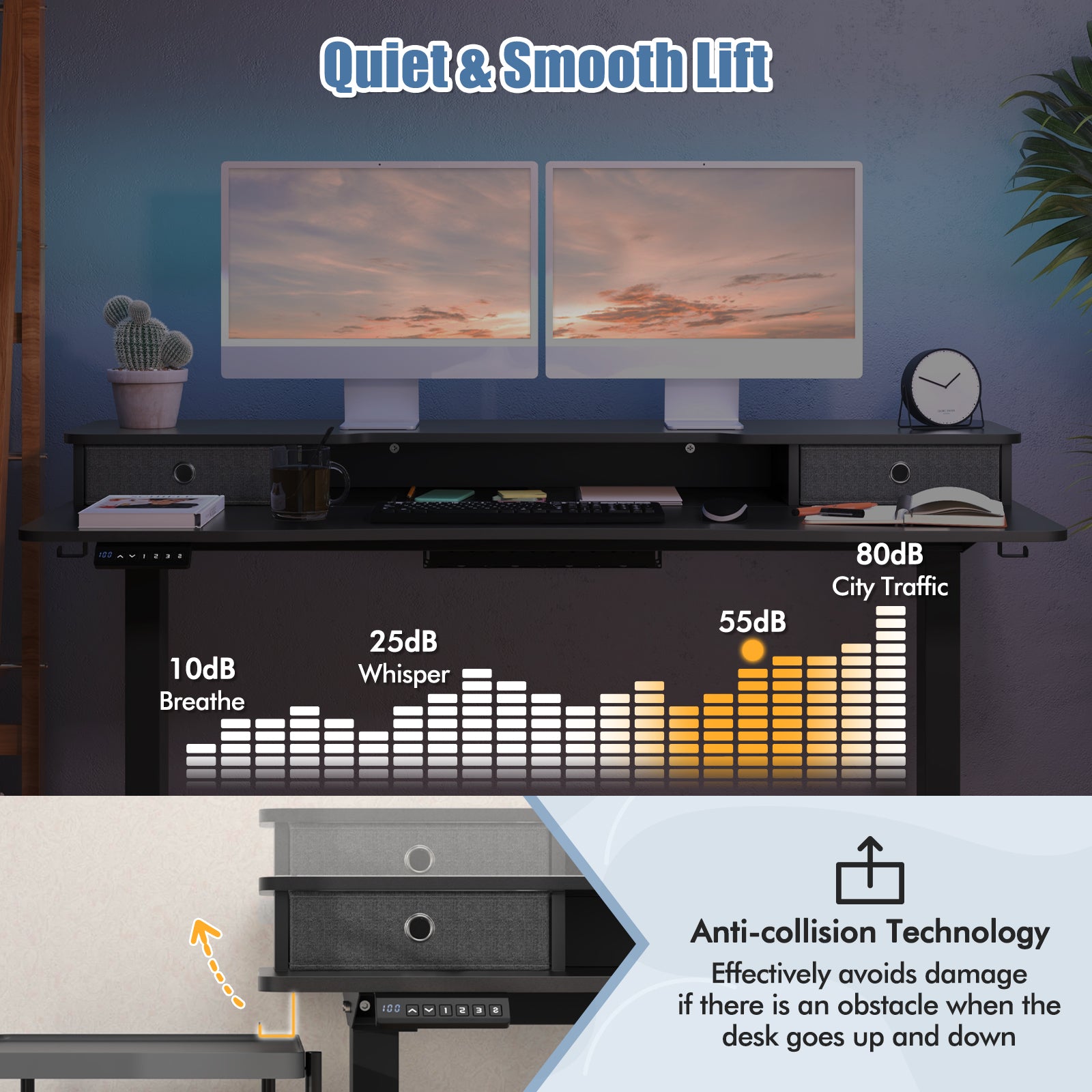 55 Inch x 24 Inch Height Adjustable Electric Standing Desk with 2 Drawers-Black