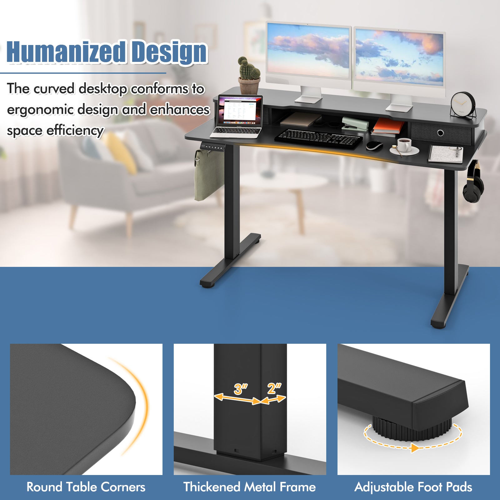 55 Inch x 24 Inch Height Adjustable Electric Standing Desk with 2 Drawers-Black