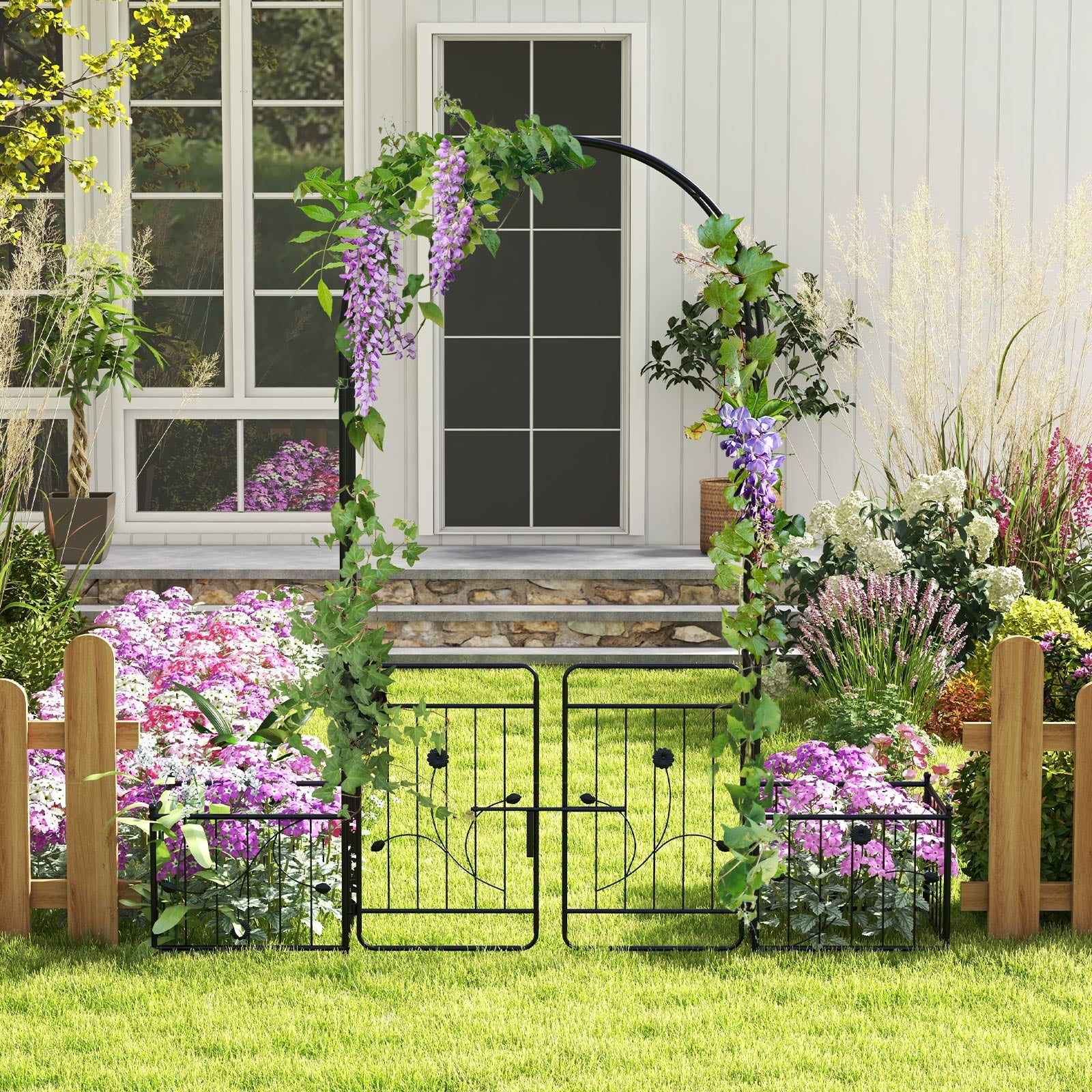 Arche de jardin de 221 cm avec portillon verrouillable et jardinières latérales – Noir