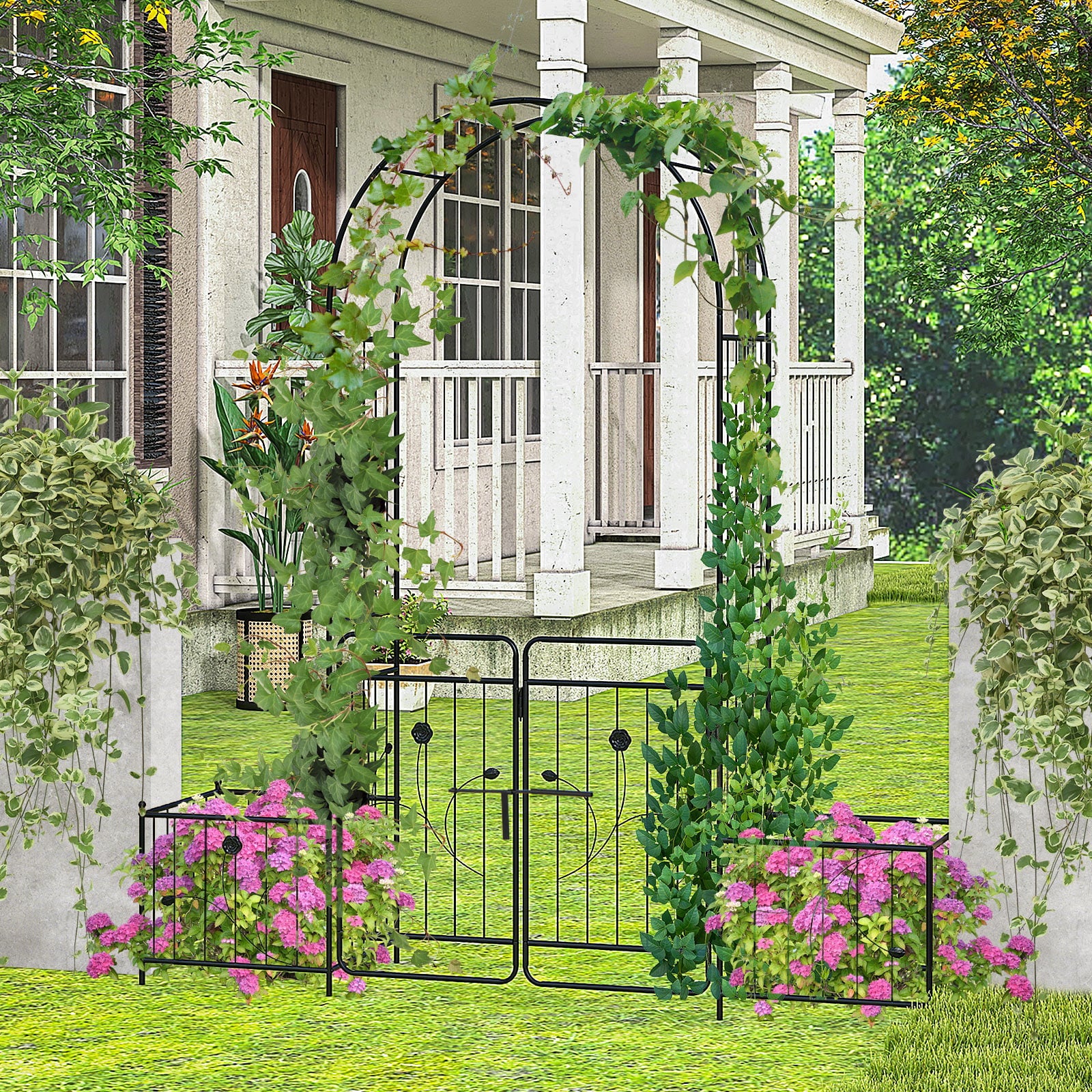Arche de jardin de 221 cm avec portillon verrouillable et jardinières latérales – Noir