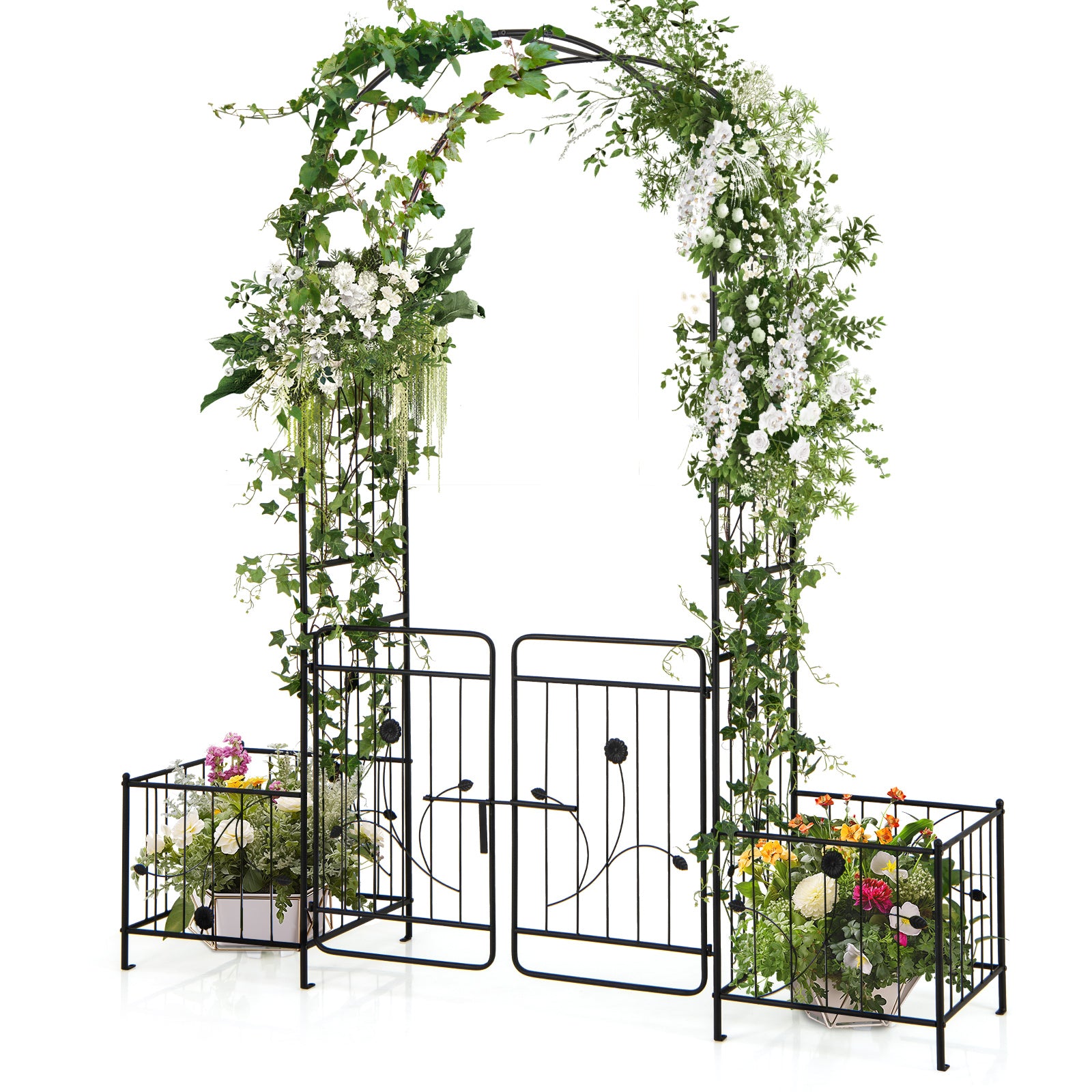Arche de jardin de 221 cm avec portillon verrouillable et jardinières latérales – Noir