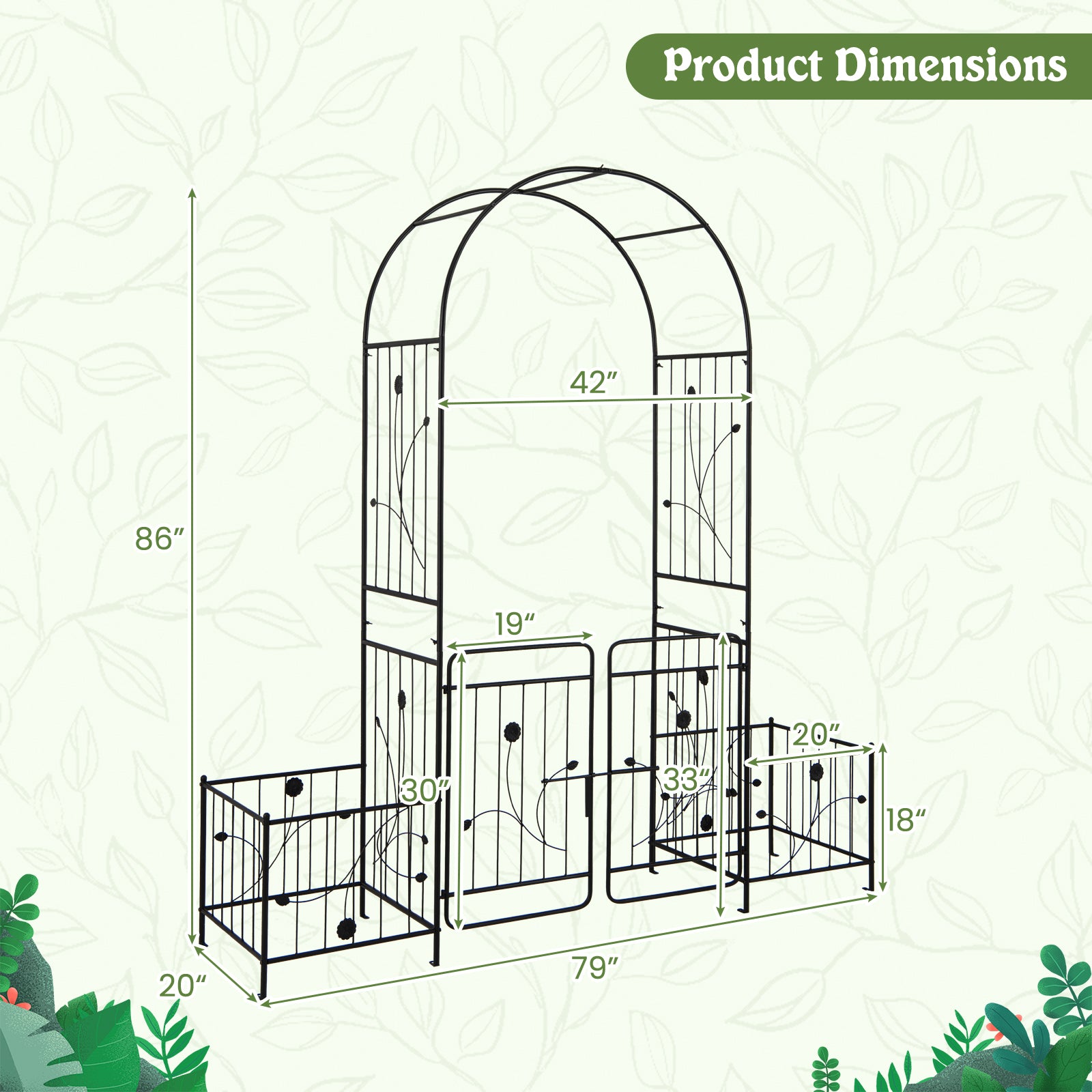 Arche de jardin de 221 cm avec portillon verrouillable et jardinières latérales – Noir