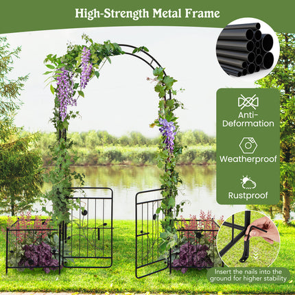87 Inches Garden Arbor with Lockable Gate Side Planters-Black