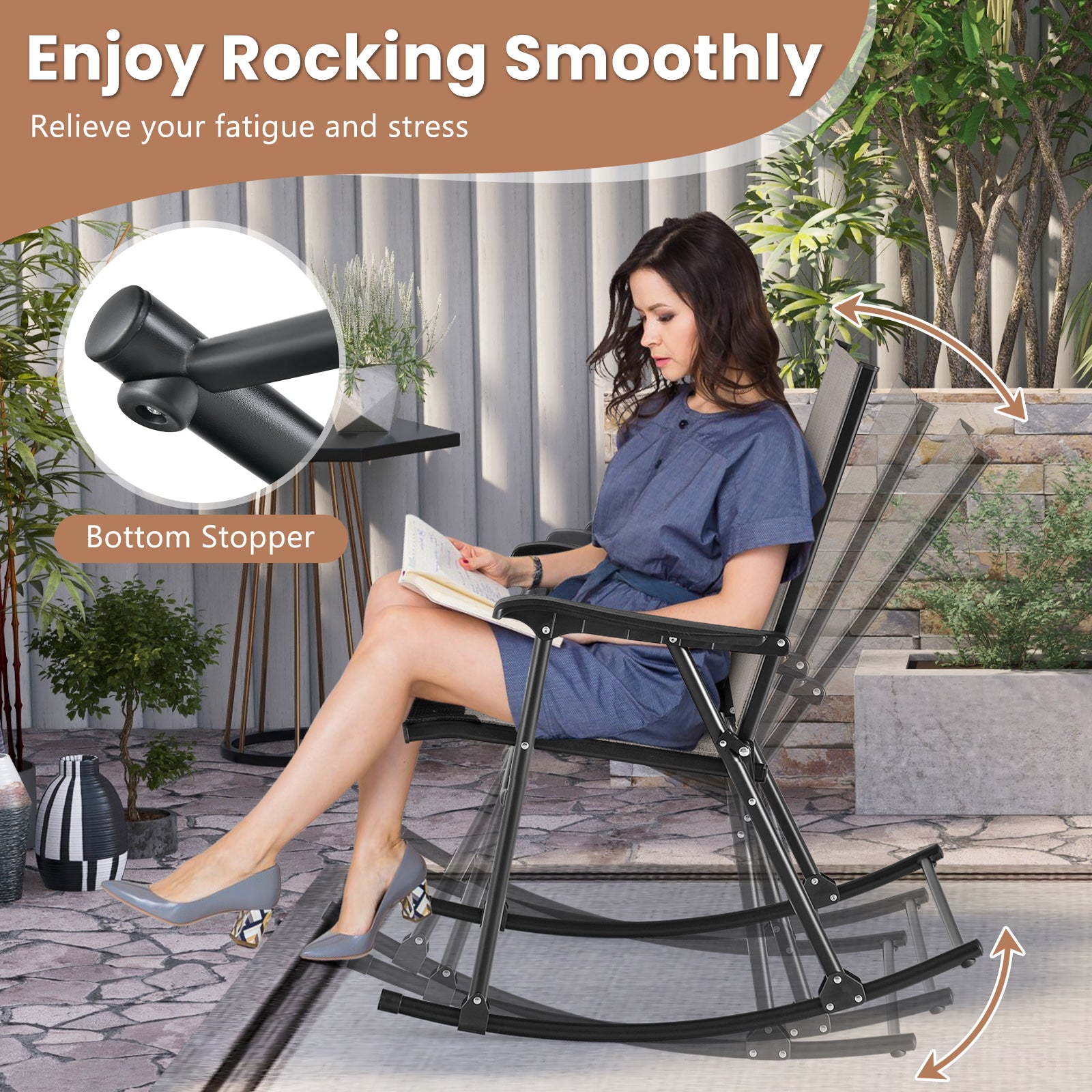 Set of 2 Folding Rocking Chair with Breathable Seat Fabric-Brown