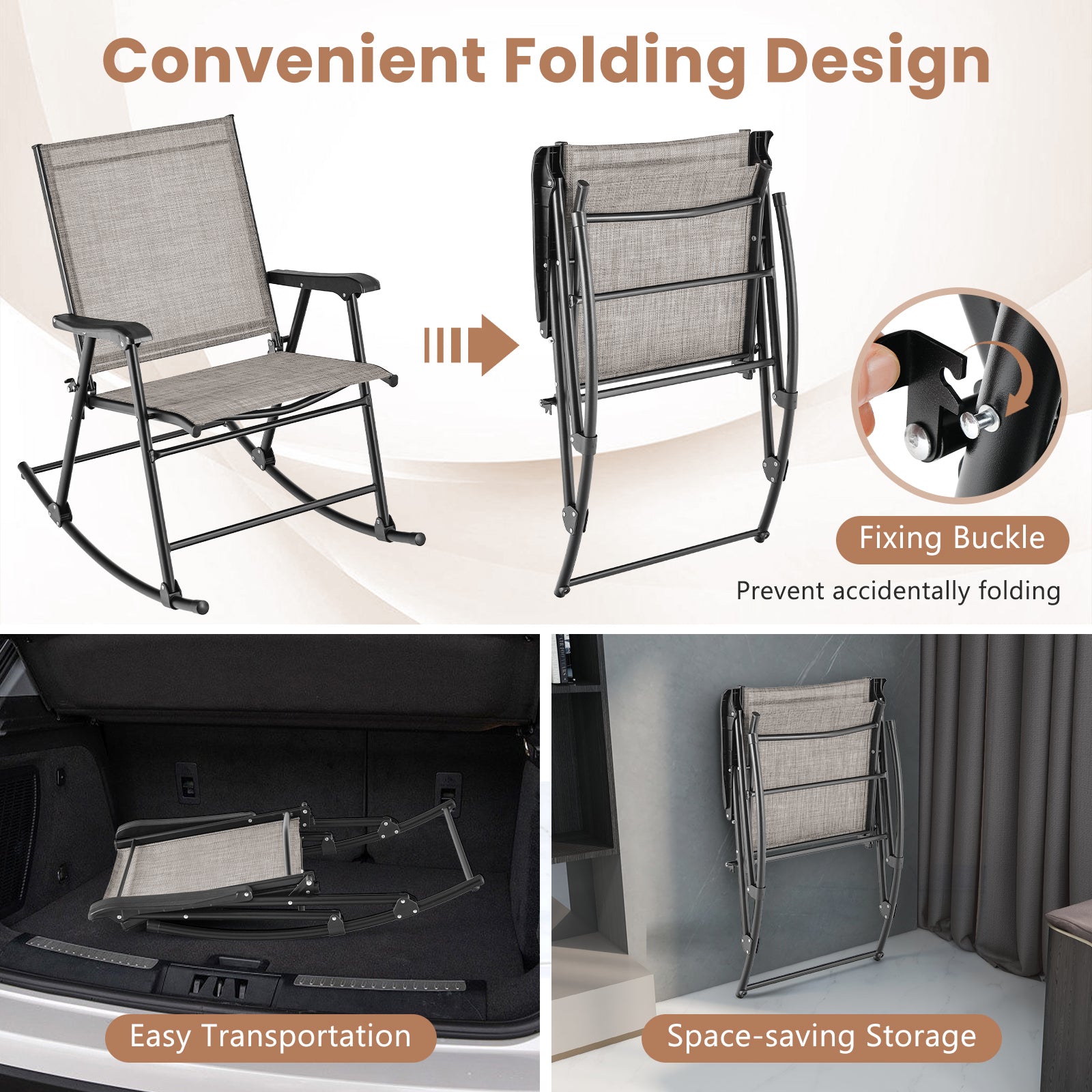 Set of 2 Folding Rocking Chair with Breathable Seat Fabric-Brown